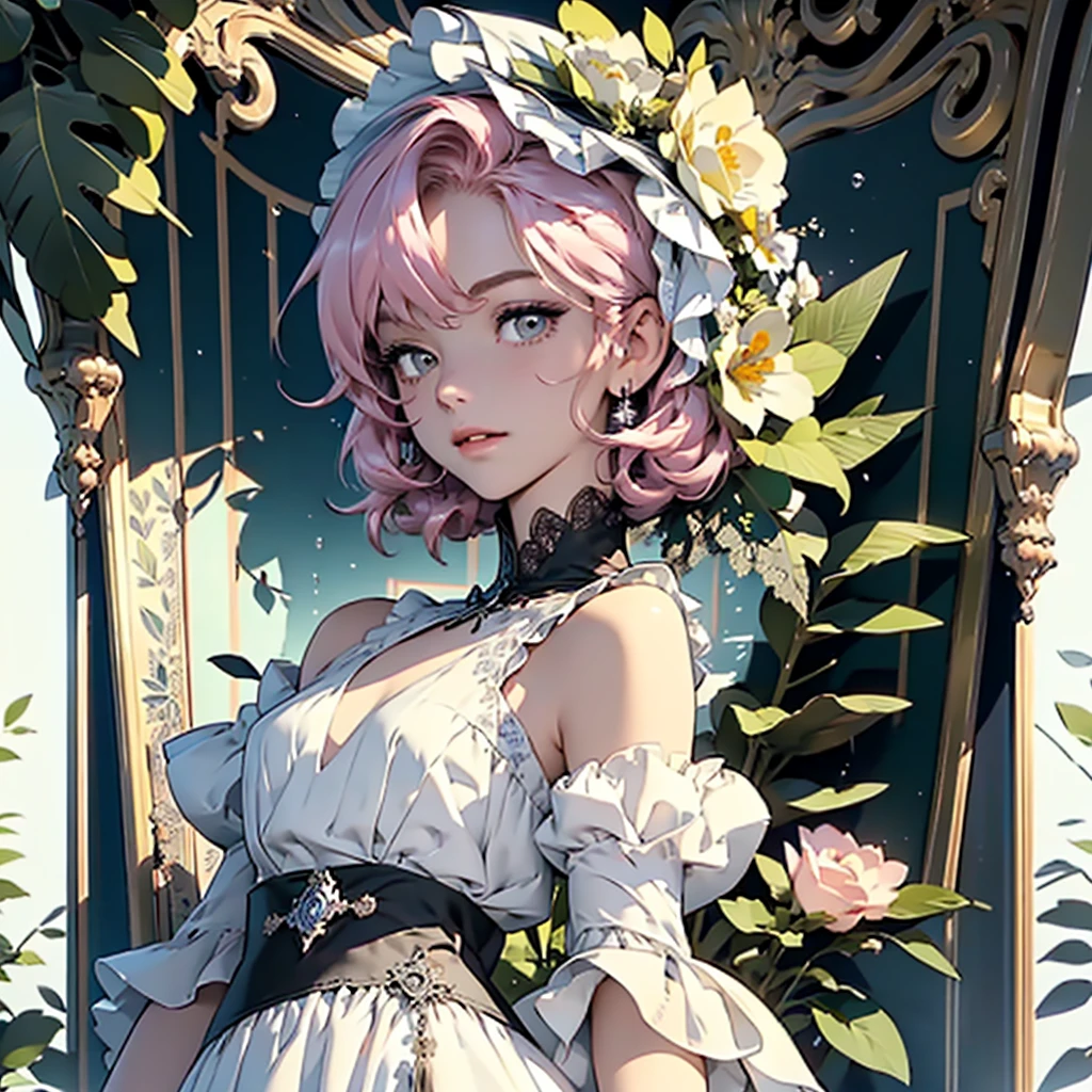 (((Masterpiece, Highest Quality, Very Detailed))), (Visualize a character in a novel or animation) ((Holding a fresh bouquet of flowers)), Edwardian/Victorian inspired, (( Flowing lace flapper dress with ruffled petticoats wearing a detailed blue and white dress adorned with flowers, the skirt has bubble sleeves, the dress is layered, and on her head she wears a similarly adorned floralhat.)), (((( face with lots of detail)))), (((()))), very long eyelashes,
Short Hair, Bangs, Smile, Bare Shoulders, Standing, Full Body, Pink Hair, Gray Eyes, Small Breasts, (((Flat Chest:1.1))), Mysterious Aesthetic, ( The character's costume and the presence of flowers suggests a fantasy or romantic theme, an element of the visual novel ), (with a Hood), Standing in a Slightly Open Pose, Lighting is Soft and Diffused , Complex Laced Boots