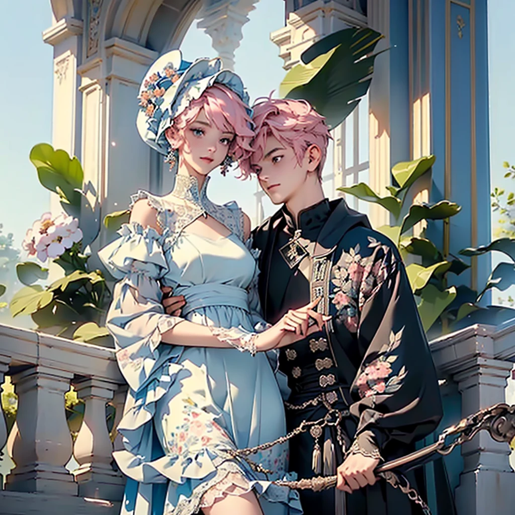 (((Masterpiece, Highest Quality, Very Detailed))), (Visualize a character in a novel or animation) ((Holding a fresh bouquet of flowers)), Edwardian/Victorian inspired, (( Flowing lace flapper dress with ruffled petticoats wearing a detailed blue and white dress adorned with flowers, the skirt has bubble sleeves, the dress is layered, and on her head she wears a similarly adorned floralhat.)), (((( face with lots of detail)))), (((()))), very long eyelashes,
Short Hair, Bangs, Smile, Bare Shoulders, Standing, Full Body, Pink Hair, Gray Eyes, Small Breasts, (((Flat Chest:1.1))), Mysterious Aesthetic, ( The character's costume and the presence of flowers suggests a fantasy or romantic theme, an element of the visual novel ), (with a Hood), Standing in a Slightly Open Pose, Lighting is Soft and Diffused , Complex Laced Boots