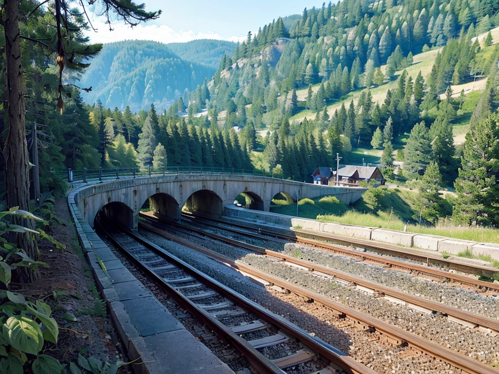 solid wall of trees, old wooden railway station, lomography of contact wires, detail