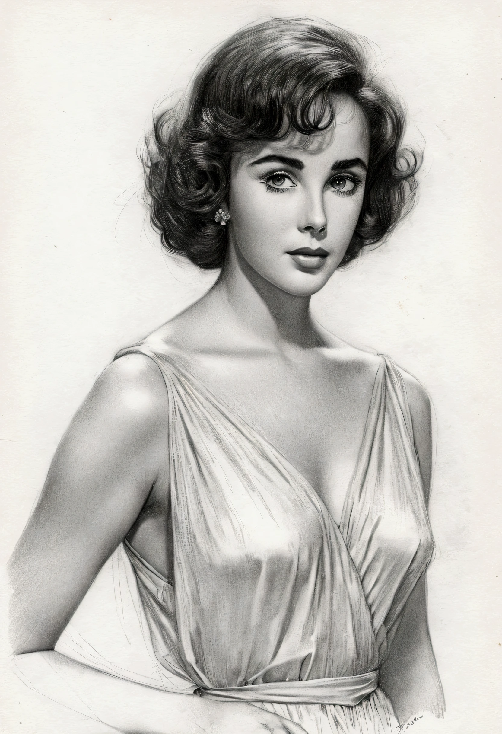 A delicate, graphite sketch portrays, a very young nude beautiful Elizabeth Taylor look, medium firm breasts, standing bare feet without background, her features rendered in subtle shading and precise lines. The framing is tight, focusing attention on the subject's serene face. Soft, feathery strokes convey the gentle texture of her hair,