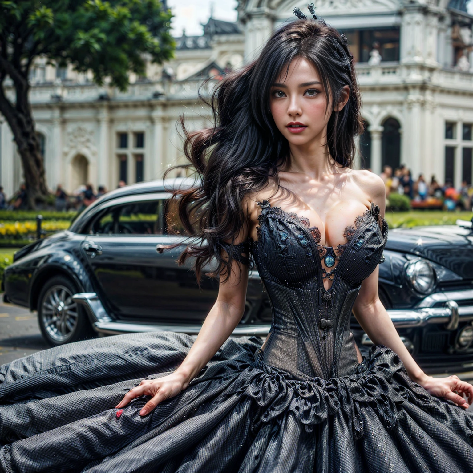 (Ultra HDR) (cinematic effect) Photo of an asian woman with long hair flowing in the wind, wearing a black batik patterned costume, a V-cut strapless corset style batik dress made of carbon patterned satin, a very narrow and stiff V-cut waist decorated with blue jewels, a luxurious long skirt, looks beautiful and stunning, very realistic and detailed, with a royal palace in the background, sitting on a swing, behind it is a black classic car. hyper realistic, hyper detail clothing, Detailed gemstones, masterpiece, best quality:1.2),,(8k,highres,RAW photo,realistic,photo-realistic:1.3),(detailed skin texture,detailed cloth texture, beautiful detailed face:1.25),professional lighting,photon mapping,beautiful soft light,radiosity,physically-based rendering,raytracing, model shoot style, model shoot style, (extremely detailed CG unity 8k wallpaper), full shot body photo of the most beautiful artwork in the world (NSFW), (Nude), (Naked), (pussy) (small pussy) (tight pussy) (carbon fiber corset) (veiny breast) (steampunk corset)