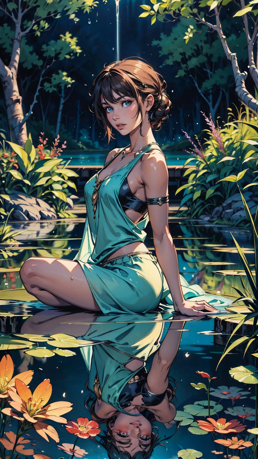  oil painting, evening Pond, beutifull landscape, reflection in Walter, a beautiful water nymph wearing a loose tunic, the bottom of which spreads on the surface of the water,  detailed, Masterpieces,