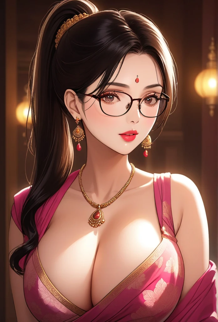 a mature lady with one sided ponytail , wearing aesthetic glasses, face makeup, red lipstick,pink printed saree, jhumka earrings, saggy breasts, intricate details, high quality, photorealistic, cinematic lighting, warm color tones, elegant portrait, cleavage,navel,mangal sutra necklace,