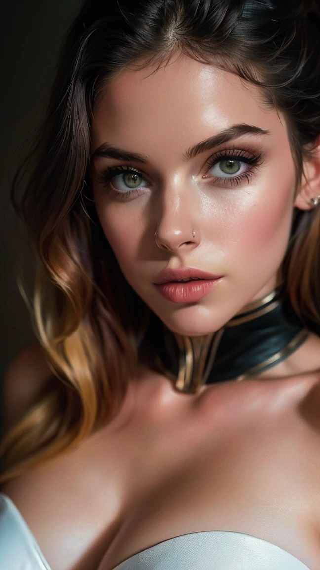 (((ultra realistic))) Photo, masterpiece, top quality, (Pale skin), (Ultra detailed face and eyes.:1.1), 1 girl, adult, deep neckline, (eye makeup, mask) , ((big detailed lips)), ((by the heavenly waves)), ((Chiolka)) , ((natural breasts)). ((Posing)), Photoshoot, studio ((Contour light)), (The game of lights and shadows), depth of field, bokeh, (Special attention to leather details.: 1.2), (Bright atmosphere of the frame., pastel colours, black colors), ((portrait, close to the camera)) , ultra detialed,