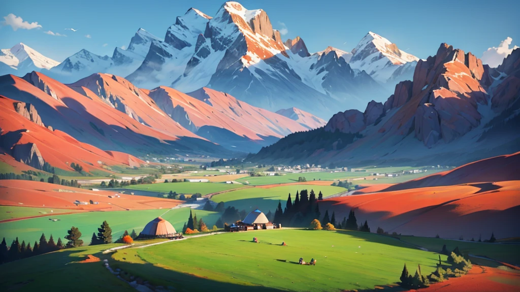 nomads, birds-eye-view, mountains, 20 yurts, horses, people, field, many people