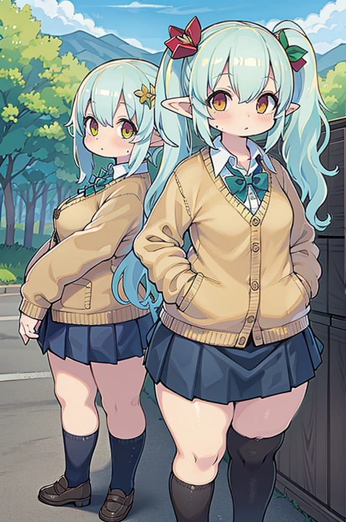 masutepiece , Best Quality,Nahida(GenshinImpact) ,1girl in , tiny chest,Long hair ,Side Ponytail, Hair Ornament , White hair , Green hair, multicolored hair, elf , pointy ear , School uniform , Skirt ,Cardigan,mountain road , Street,looking at the viewers