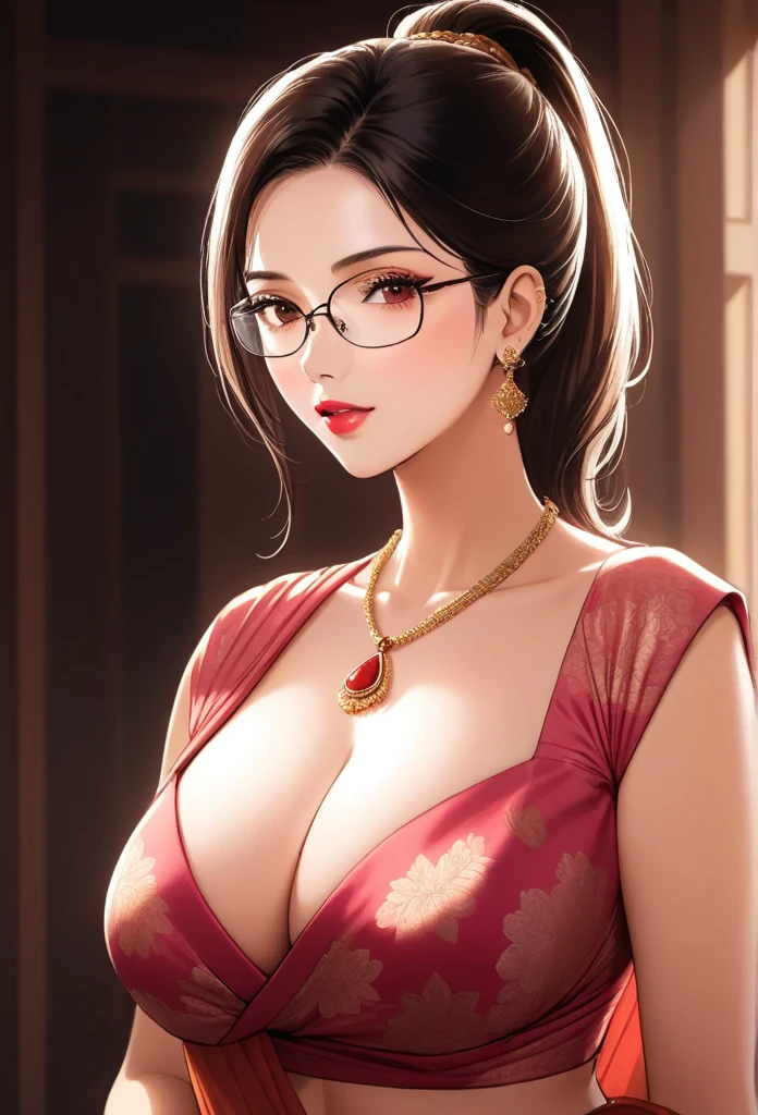 a mature lady with one sided ponytail , wearing aesthetic glasses, face makeup, red lipstick,pink printed saree, jhumka earrings, saggy breasts, intricate details, high quality, photorealistic, cinematic lighting, warm color tones, elegant portrait, cleavage,navel,mangal sutra necklace,
