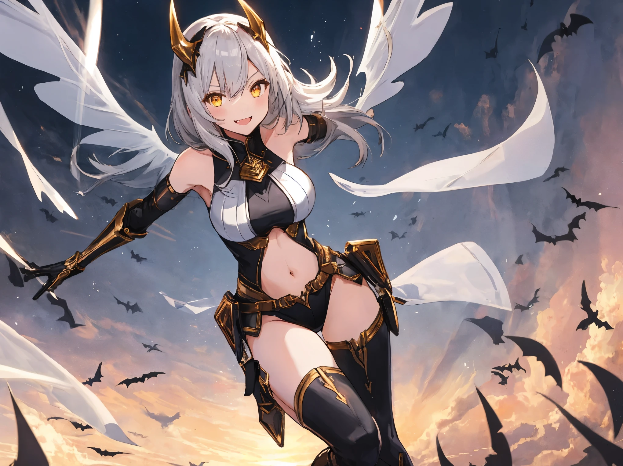 fantasy, 1devil_girl, low_, platina_blond_hair,long_bangs,, bare_shoulder, navel out, thighhighs,silver_armor, white_clothes,waist_armor, Glebe, hold_swords, large_breasts, dynamic_flying_pose,Floating, (1pair_bat_wings:1.2),(pelvic_curtain:1.3), silver_Headgear ,looking_down_at_sunrise_city_sky_background,,slightly_spread_legs, some_swords,some_swords_floating_around_the_girl,solo,horn ,smile,,open_legs,open_arms,rise_knee,rise_leg,rise_thigh,rise_leg,forward_leaning_posture,apart_legs,fang,Shiny_gold_eyes,crotch