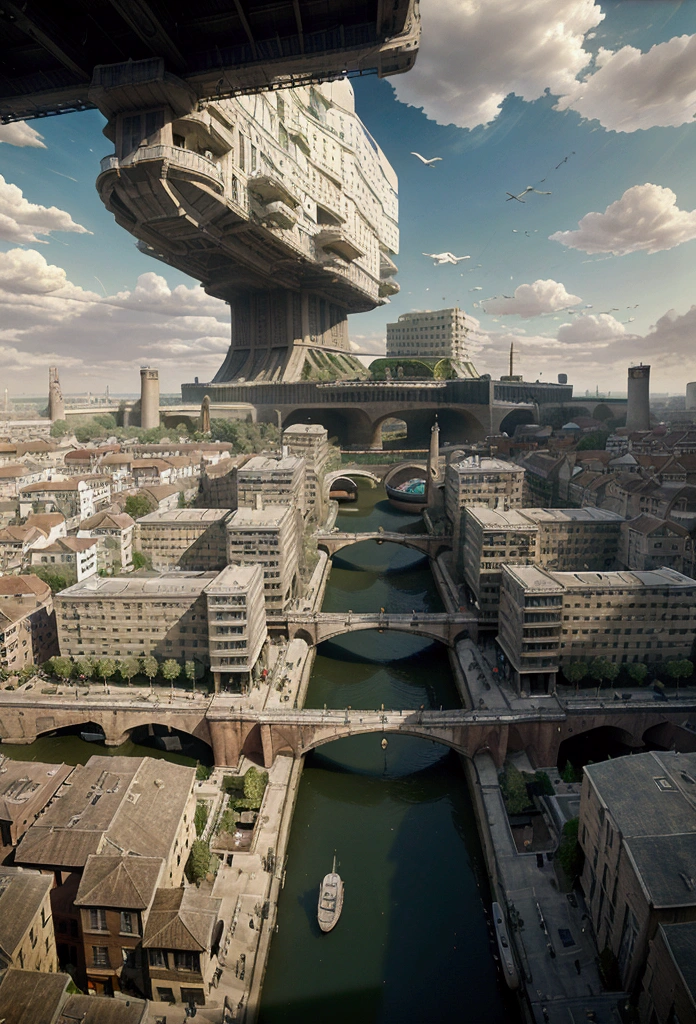 large town, skyscrapers and irregular organic buildings connected with variety of bridges, elevated streets through buildings,elevated railways,canals,terraces,1large and 2small airship, statues, manisons,1920s,cloudy,film noir