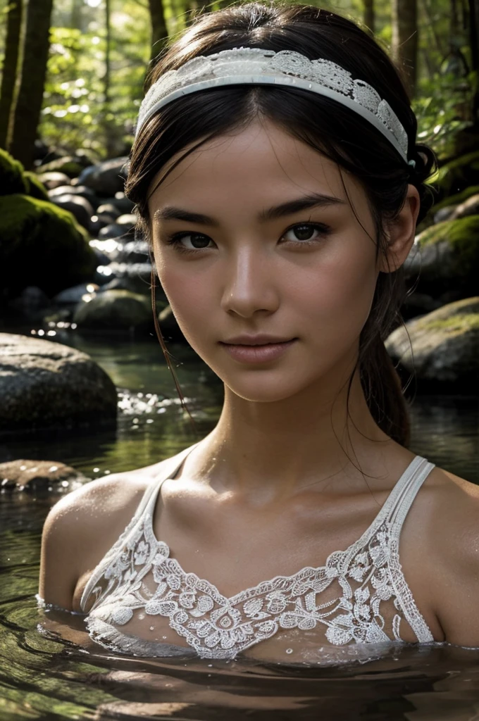 Best Quality, masterpiece, super high resolution, A super model submerged in hot springs in Japan., outdoor hot springs, stone hot springs, surrounded by moss and trees, super beautiful face, pure body, clear pores visible, (smile:0.8), using division (lace headband:1.2), (Realism:1.5), Photo original, soaked body, covered in sweat, bare shoulders, In the dark, deep shadows, low-key, cold light