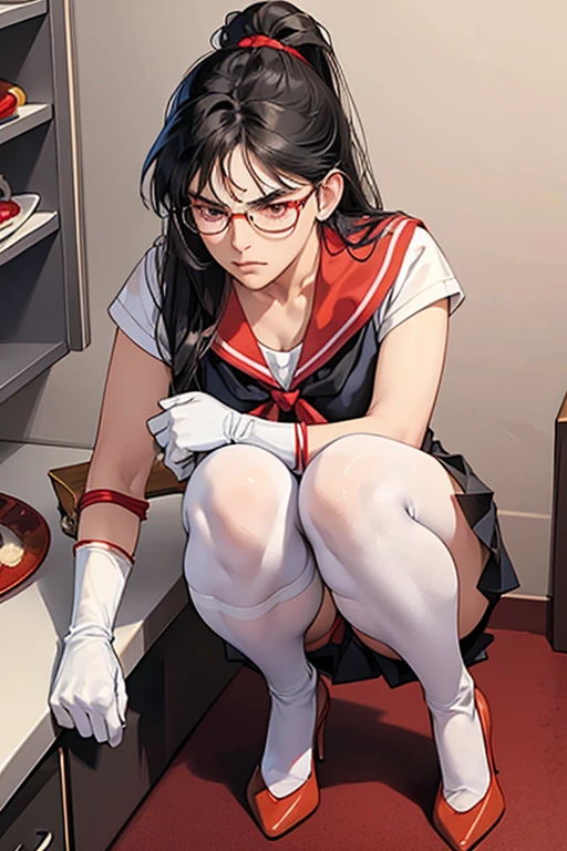 A freckled, glasses-wearing mature woman with black hair tied up dressed as Sailor Mars, wearing white gloves and red high heels, with a displeased look on her face in the kitchen. Thick eyebrows