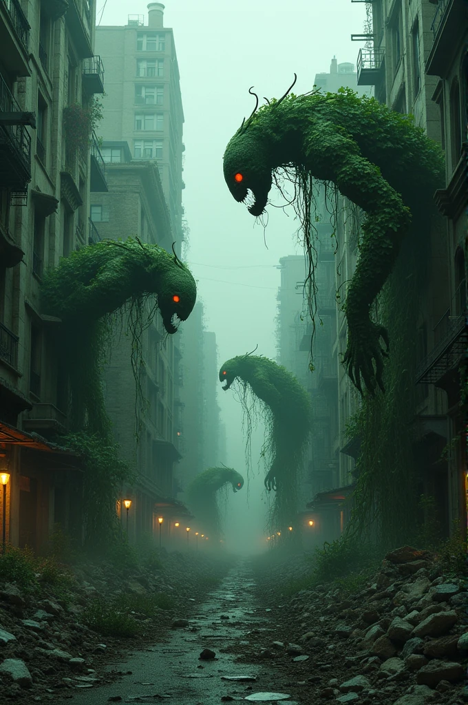 Large format 8k quality photo of city destoyed by deadly poisonous ivy vines and anthropomorphic plants, dystopic cinematic lighting, shot on ARRI ALEXA 65 with 50mm lens
