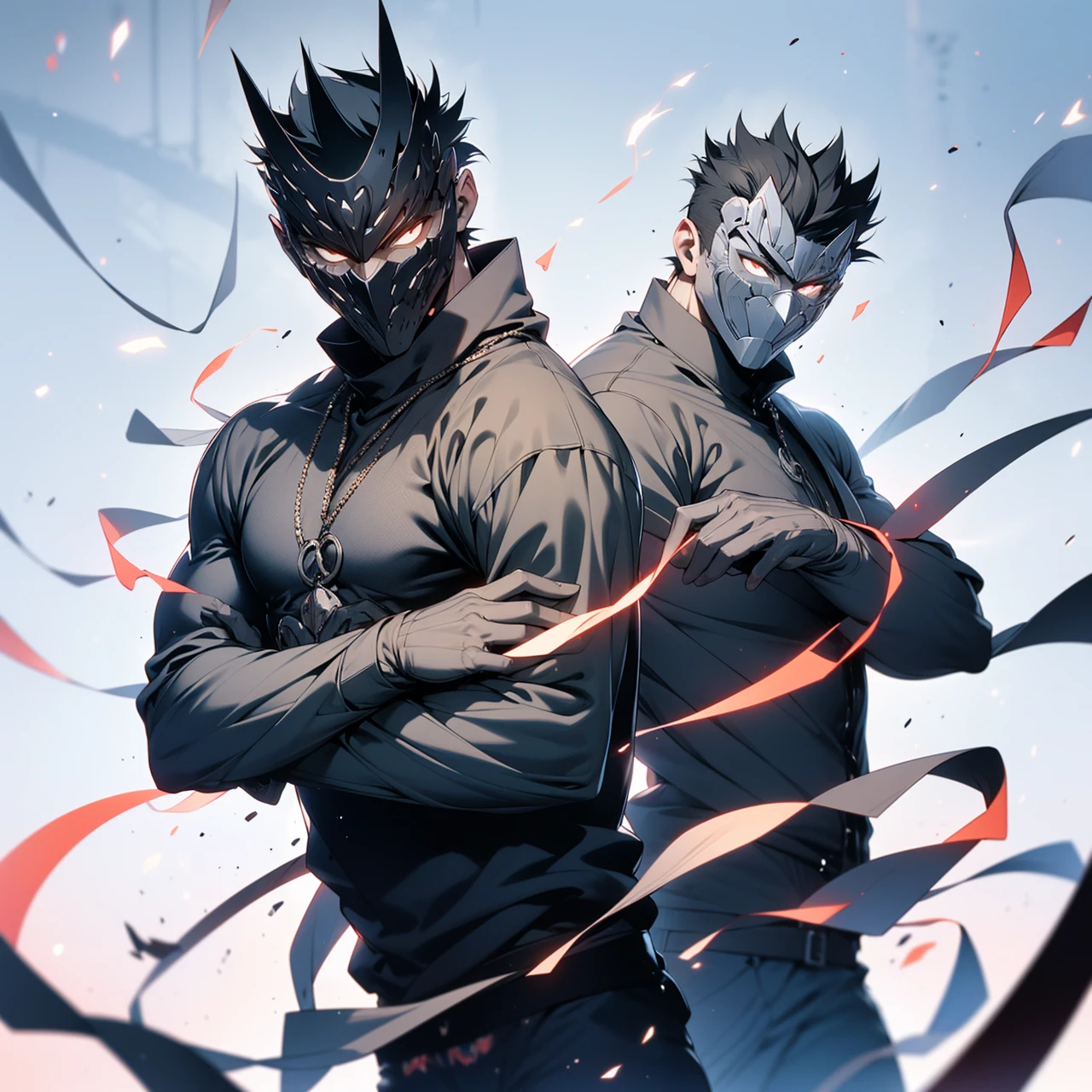 A tall and powerful man wearing a Grey Button Shirt, Super Short Black hair, Wearing Metallic mask and hiding identity. Muscular Forearms and ready to fight