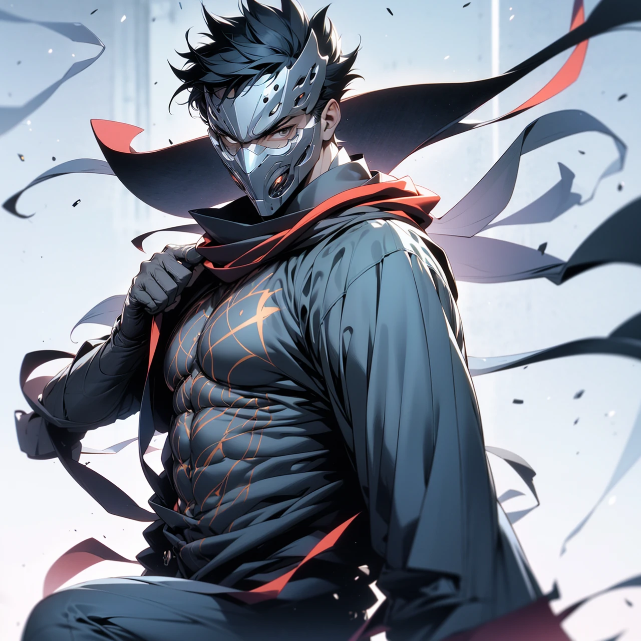 A tall and powerful man wearing a Grey Button Shirt, Super Short Black hair, Wearing Metallic mask and hiding identity. Muscular Forearms and ready to fight
