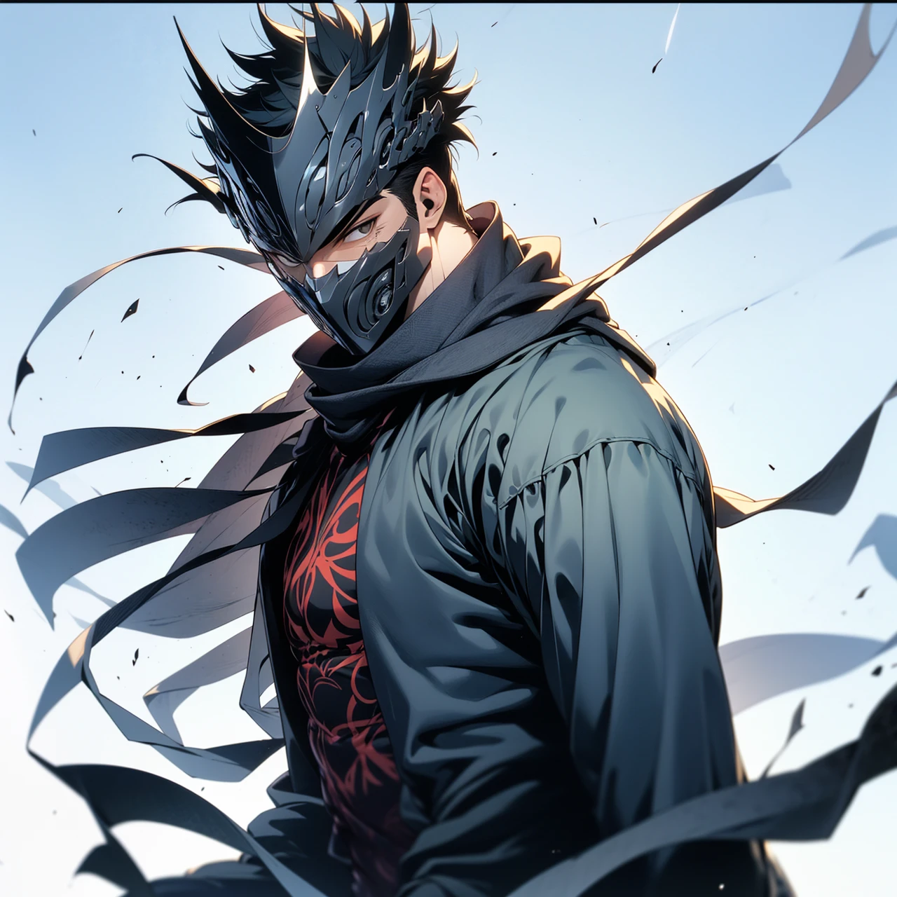 A tall and powerful man wearing a Grey Button Shirt, Super Short Black hair, Wearing Metallic mask and hiding identity. Muscular Forearms and ready to fight