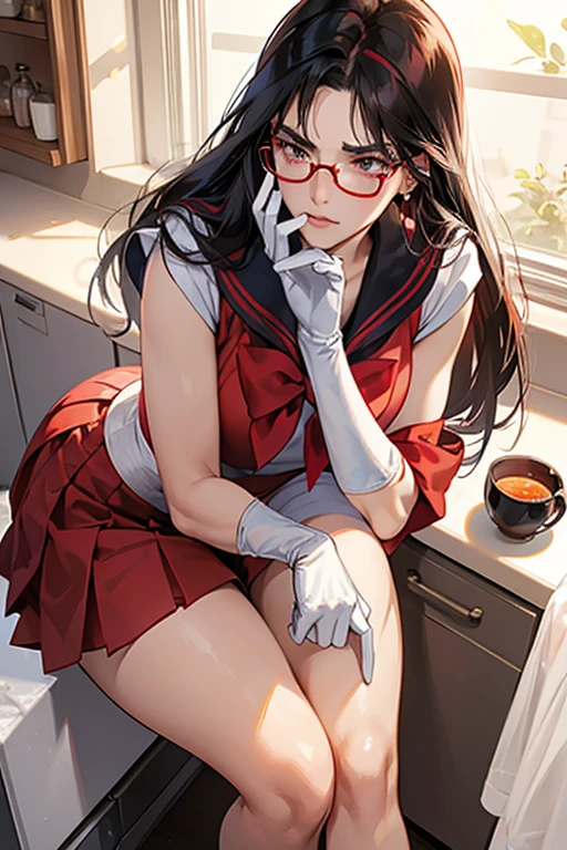 A dark-haired, freckled, glasses-wearing mature woman dressed as Sailor Mars, wearing white gloves and red high heels, with a displeased look on her face in the kitchen.　Thick eyebrows