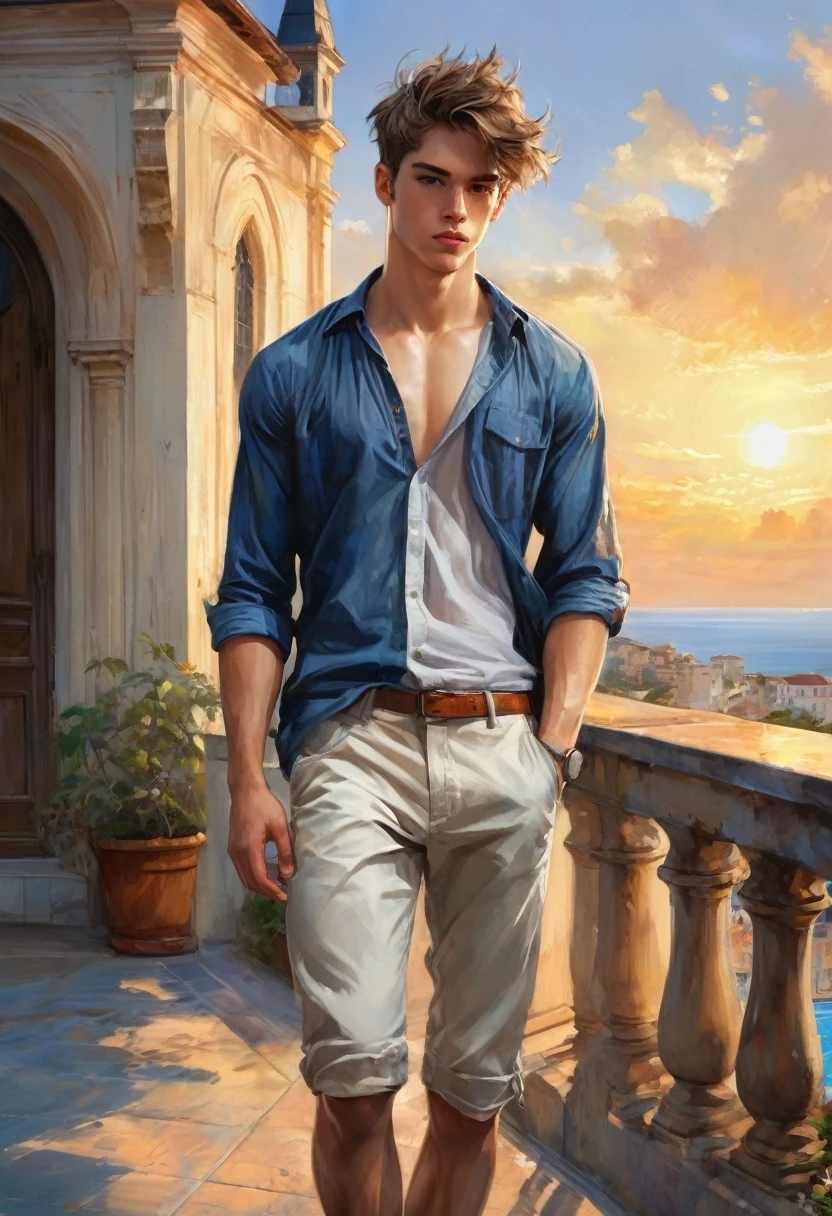 full body, 20 years old man, shirtless, barefoot, beautifull, gorgeous, perfect realistic detailed muscles, muscled legs, adorable face, taller, masculine gaze, confident look, soft perfect white skin, barefoot, blue eyes, perfect anatomy, portrait, a painting of a young man Pencil Sketches by Albert Eckhout enchanting, He walks along the terrace of a building, with a church in the background on a beautiful sunset in the Mediterranean Sea fullcolor, sticker of a full body picture of a beautyfull young man, highly detailed beautyfull face, freedom, soul, digital illustration, approaching perfection, dynamic, highly detailed, watercolor painting, artstation, concept art, smooth, sharp focus, illustration in the style of artists like Russ Mills, Sakimichan, Wlop, Loish, Artgerm, Darek Zabrocki, and Jean-Baptiste Monge