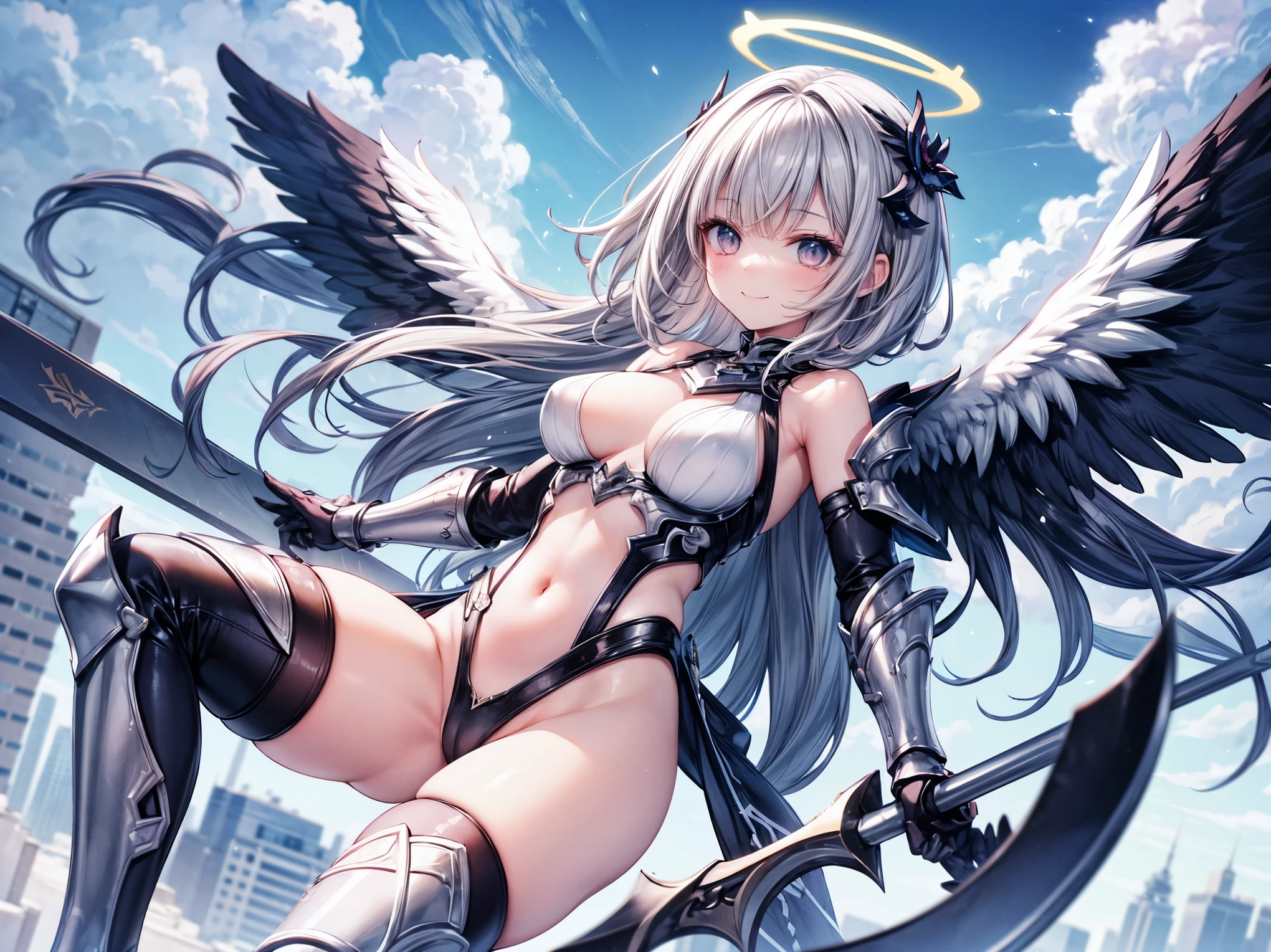 fantasy, 1angel_girl,(young_:1.5), ,brown_hair, medium_bob_hair, long_bangs, halo,bare_shoulder,thighhighs,silver_armor, waist_armor, large_breasts,1pair_wings, dynamic_pose_fighting,floating, bare_crotch, headgear,gauntlet, greaves,city_landscape_background,slightly_spread_legs, solo, groin_naked,smile,