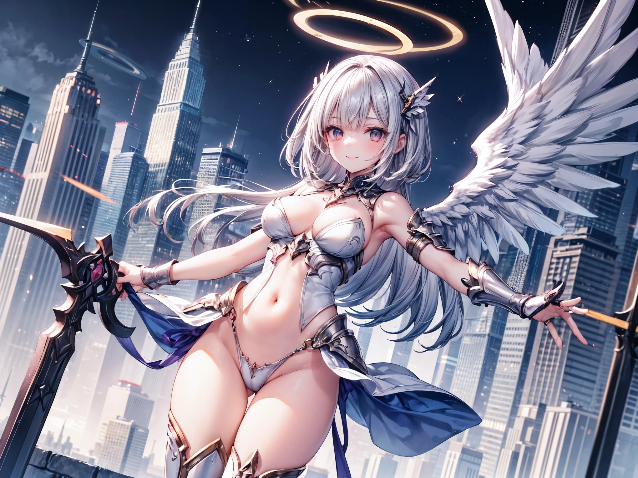 fantasy, 1angel_girl,(young_teen:1.5), ,brown_hair, medium_bob_hair, long_bangs, halo,bare_shoulder,thighhighs,silver_armor, waist_armor, large_breasts,1pair_wings, dynamic_pose_fighting,floating, bare_crotch, headgear,gauntlet, greaves,city_landscape_background,slightly_spread_legs, solo, groin_naked,smile,