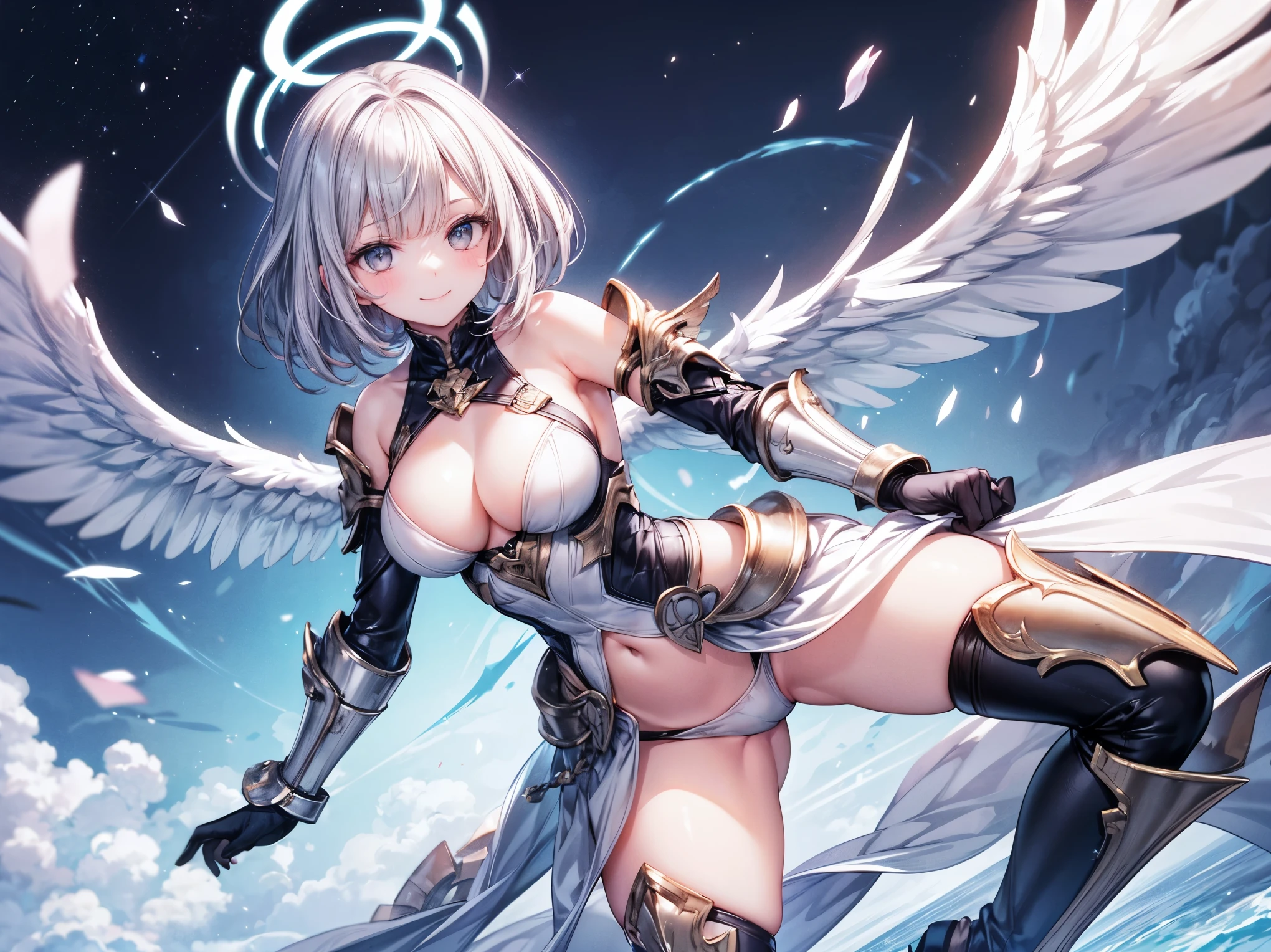 fantasy, 1angel_girl,(young_:1.5), ,brown_hair, medium_bob_hair, long_bangs, halo,bare_shoulder,thighhighs,silver_armor, waist_armor, large_breair_wings, dynamic_pose_fighting,floating, bare_crotch, headgear,gauntlet, greaves,city_landscape_background,slightly_spread_legs, solo, groin_naked,smile