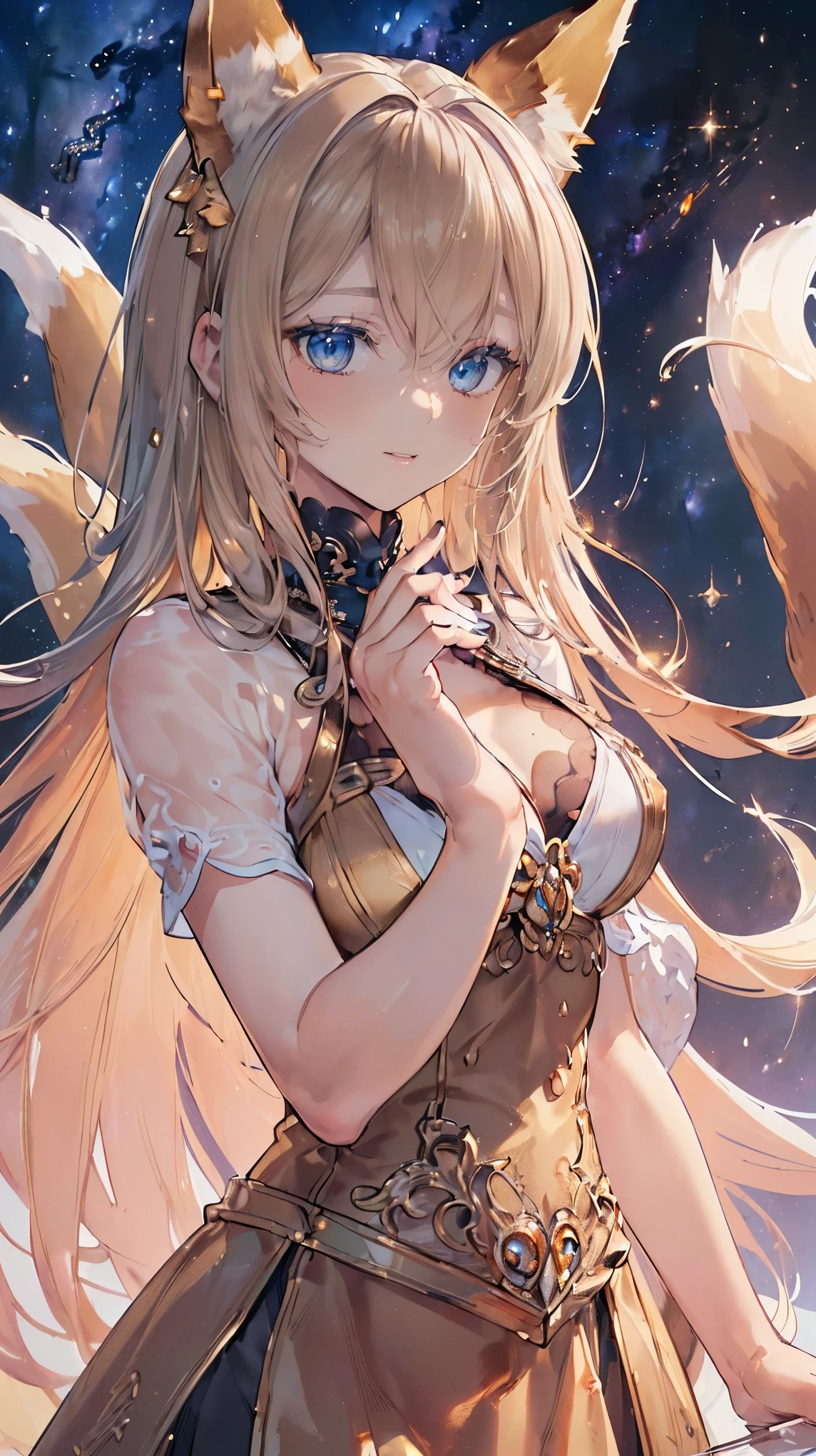 (((Masterpiece))), (((Highest quality))), ((Ultra-detailed)), ((Super fine illustration)), ((Ultra-fine painting)), (16K highest quality wallpaper:1.4), (Upper body:1.6), HDR, (Highly detailed and delicate illustration style:1.8), Detailed skin texture, Detailed cloth texture, Extreme detailed description, (T-masterpiece), (Highly detailed face:1.4), (Highly detailed fox ears:1.2), (Highly detailed (golden-brown:1.4) long-hair:1.2), (Highly detailed blue eyes:1.2), Original, RAW photo, Professional, Intricate details, Super details, (Perfect anatomy:1.4), (Highly detailed hands:1.2), (Highly detailed fingers:1.2), (Highly detailed fingertips:1.2), (Sexy), (Sexy), (27-years-old), (Solo:1.6), ((A beautiful and attractive (fox) female model:1.4)) BRAKE (Beautiful and adorable fox ears:1.6), (Highly detailed and delicate fox ears:1.2), (Beautiful and well-shaped big breasts:1.2), (Beautiful and well-shaped buttocks), (Beautiful and shiny (golden-brown:1.4) long-hair:1.6), (Highly detailed and delicate (golden-brown:1.4) long-hair:1.2), (Beautiful and clear blue eyes:1.6), (Highly detailed and delicate blue eyes:1.2), (Highly detailed face:1.4), (Smile:1.4), (Blush:1.3), (Looking at viewer:1.4) BRAKE (A (vibrant silver and blue:1.1) Short sleeve and cleavage gothic-lolita dress:1.4) BRAKE (((Very beautiful and exquisite skyscraper night view background in summer:1.4)), ((Very beautiful and detailed Milky Way background in summer night sky:1.4))) BRAKE (NSFW) BRAKE