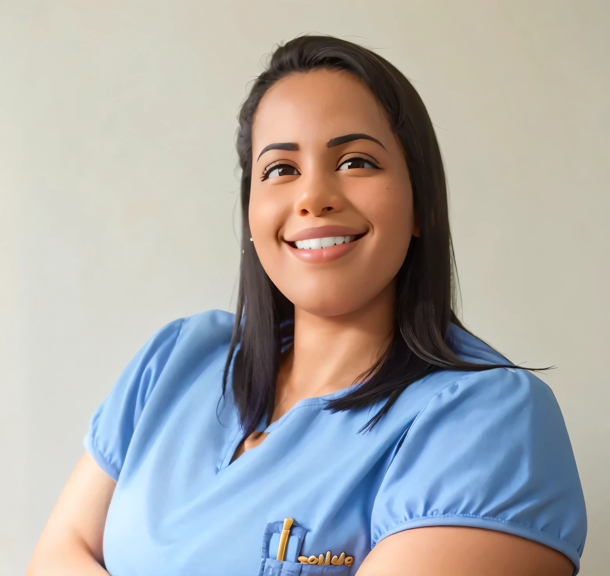 dark skin woman, smiling, staring at the camera, crossed arms, shirt blue, Bblack hair.