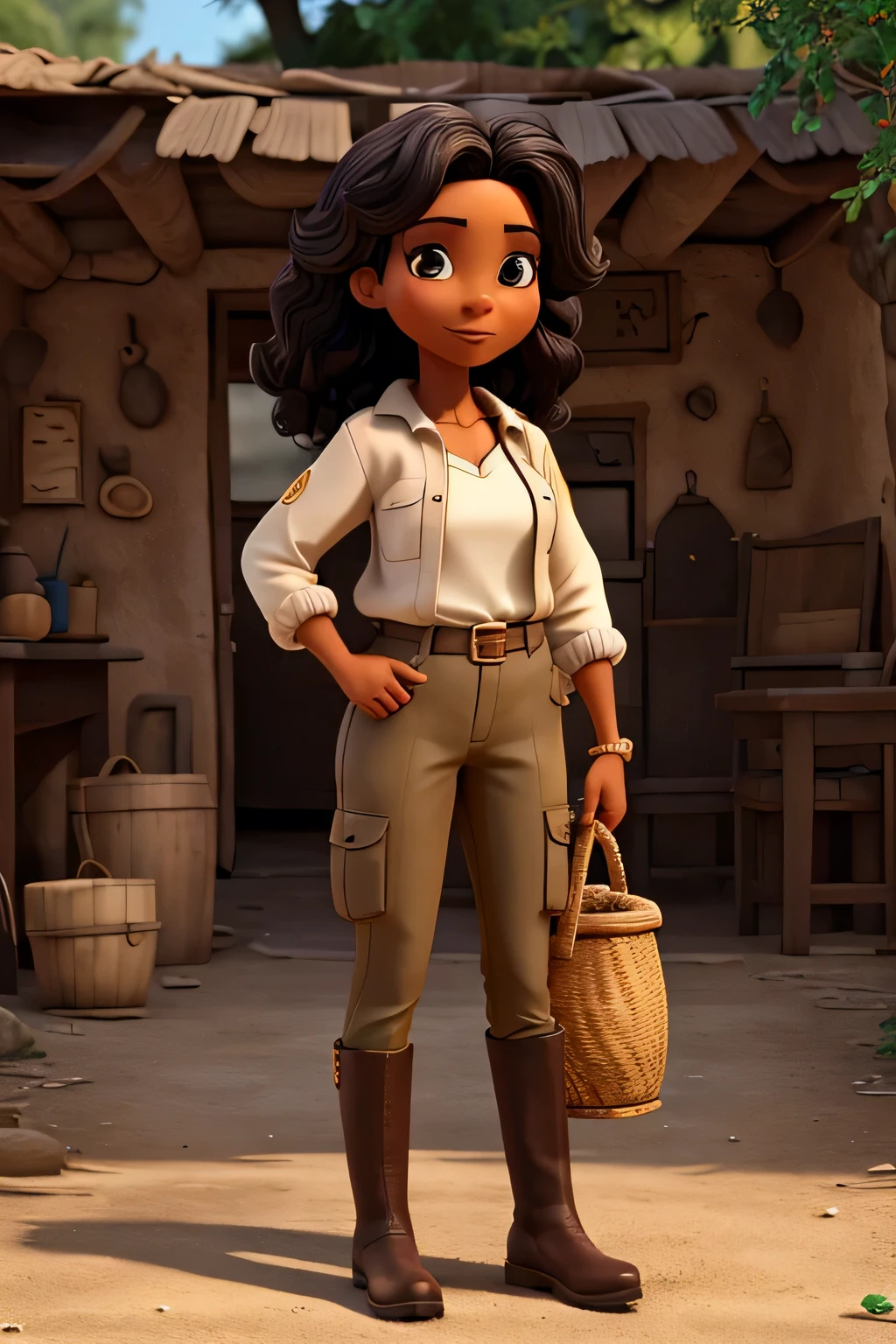make a woman about 35 years old, Brunetette, blackquality hair, eyes browns, wear a safari outfit, botas e bucket, Don&#39;t make her cross-eyed, shorth hair