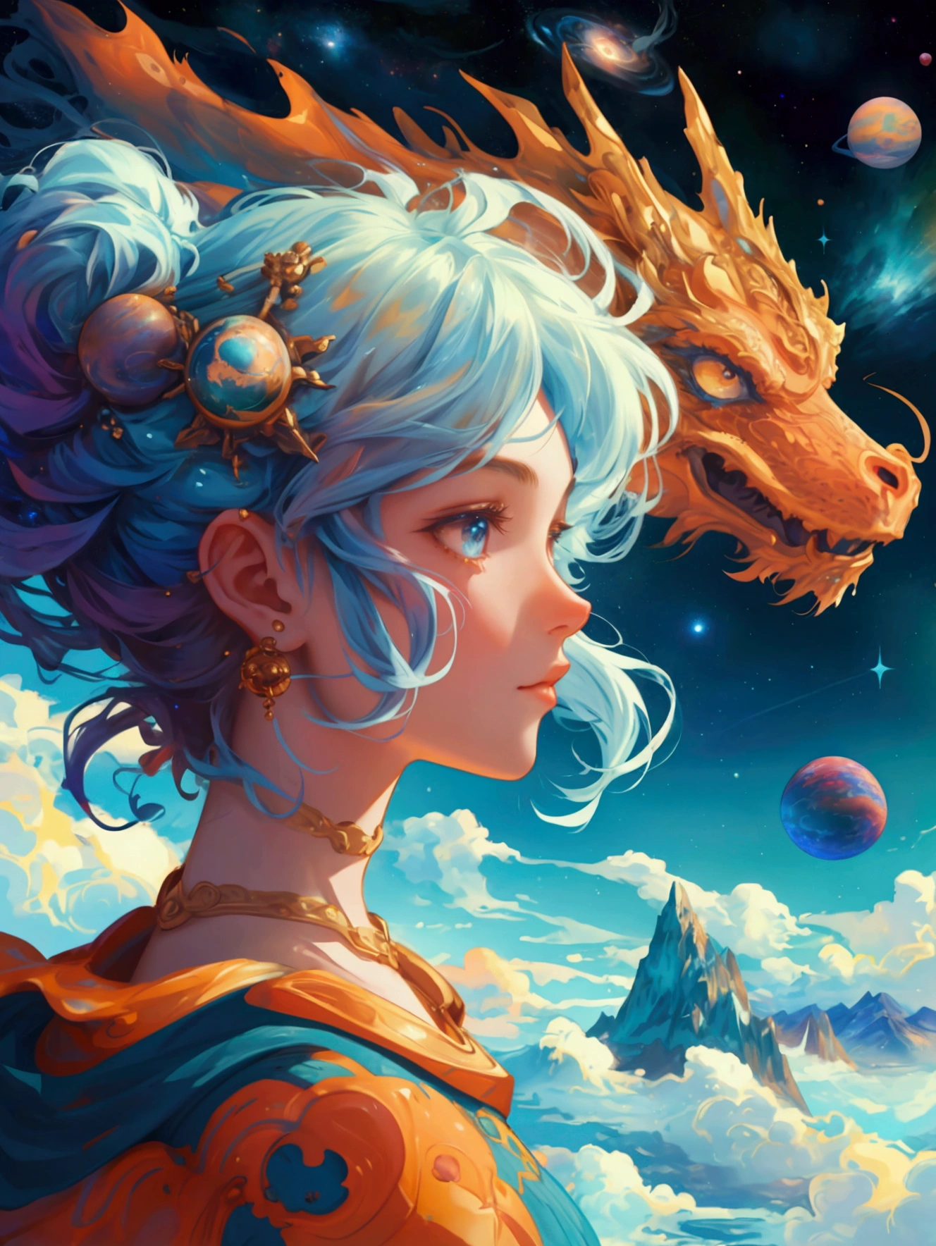 A fantastical space scene with a vibrant galaxy and planets in the background. In place of the large cosmic dragon, a beautiful, cute girl with galaxy-themed hair and clothing, styled to match the scene. The background, including the mountains, water, and celestial bodies, remains exactly the same, preserving the original feel of the image.