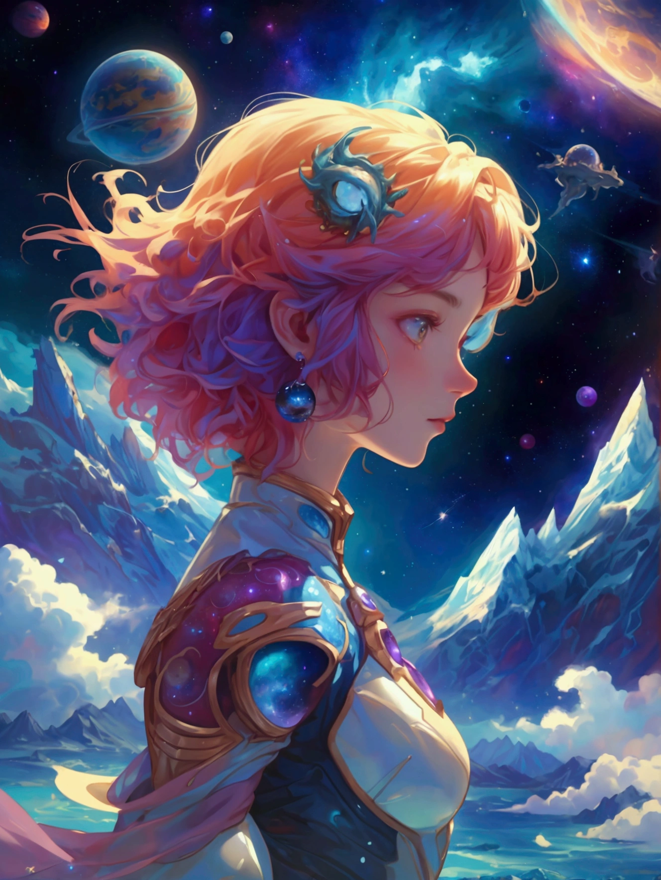 A fantastical space scene with a vibrant galaxy and planets in the background. In place of the large cosmic dragon, a beautiful, cute girl with galaxy-themed hair and clothing, styled to match the scene. The background, including the mountains, water, and celestial bodies, remains exactly the same, preserving the original feel of the image.