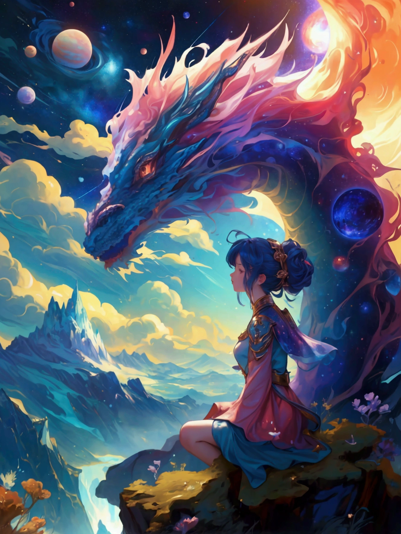 A fantastical space scene with a vibrant galaxy and planets in the background. In place of the large cosmic dragon, a beautiful, cute girl with galaxy-themed hair and clothing, styled to match the scene. The background, including the mountains, water, and celestial bodies, remains exactly the same, preserving the original feel of the image.