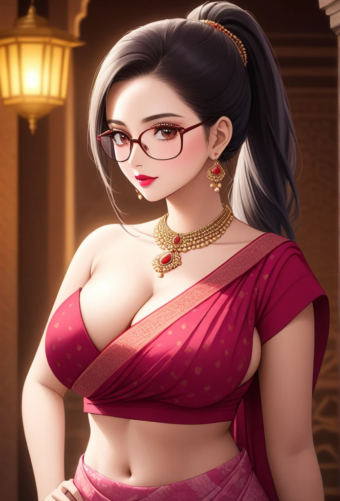 a mature lady with one sided ponytail , wearing aesthetic glasses, face makeup, red lipstick,pink printed saree, jhumka earrings, saggy breasts, intricate details, high quality, photorealistic, cinematic lighting, warm color tones, elegant portrait, cleavage,navel,mangal sutra necklace,