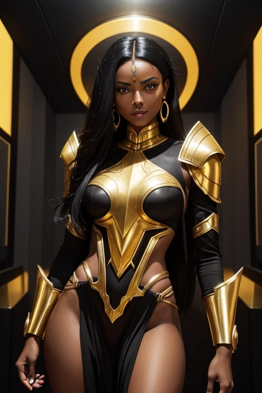 Ethiopian woman, ethnically Ethiopian, muscular and athletic woman, in early thirties, wearing black and gold luxtech, ethnic jewelry, wearing black and gold futuristic power armor that has no helmet, cyberpunk themed, combat ready mercenary, sexy, not safe for work, scantily clad, dressed seductively, showing skin