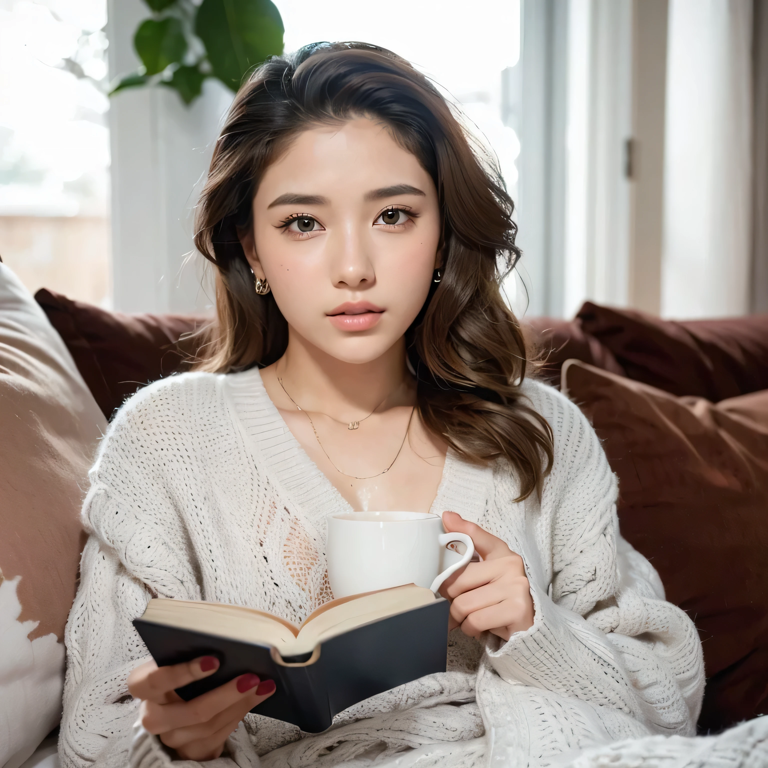 Beautiful girl posing with a cup and a book, wearing white sweater