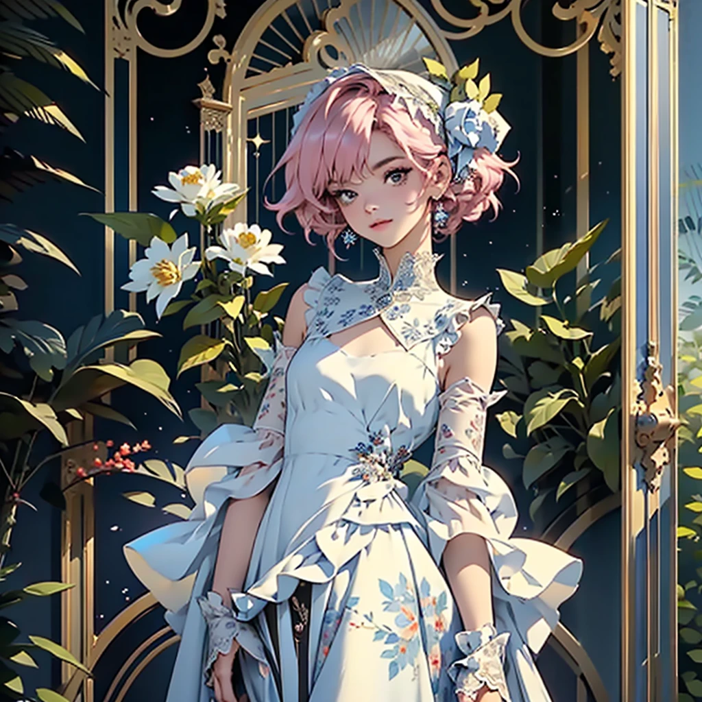 (((Masterpiece, Highest Quality, Very Detailed))), (Visualizing a character in a novel or animation) ((Holding a fresh bouquet of flowers)),, Full body shot, Edwardian/Victorian inspired, (( Flowing lace flapper dress with ruffled petticoats wearing a detailed blue and white dress that is embellished with flowers, with bubble sleeves, and a tiered skirt, and on her head, she wears a similarly decoratedwith flowers.)), (((( face with lots of detail)))), (((()))), very long eyelashes,
Short Hair, Bangs, Smile, Bare Shoulders, Standing, Full Body, Pink Hair, Gray Eyes, Small Breasts, (((Flat Chest:1.1))), Mysterious Aesthetic, ( The character's costume and the presence of flowers suggests a fantasy or romantic theme, an element of the visual novel ), (with a Hood), Standing in a Slightly Open Pose, Lighting is Soft and Diffused , Complex Laced Boots