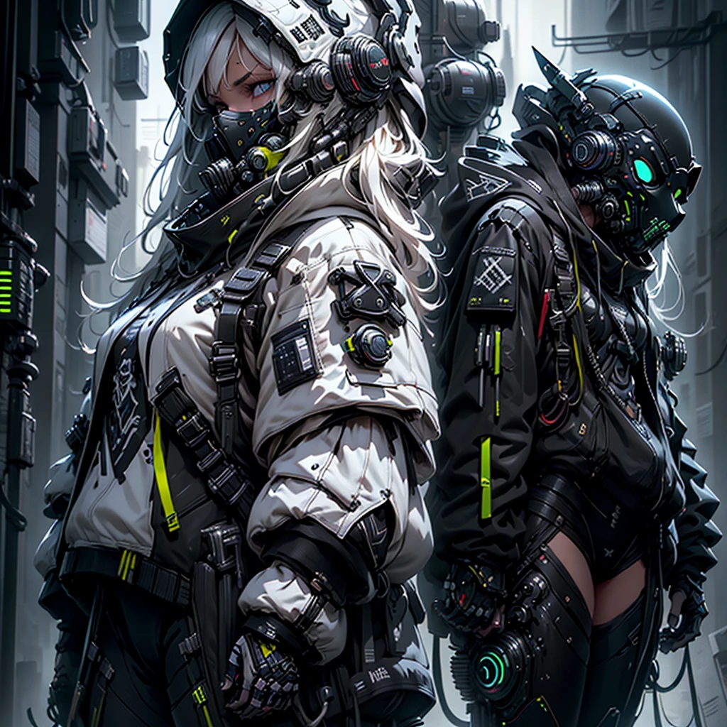 girl alone, White hair, long hair, straight hair, dark blue eyes, dressed, technical jacket, thighs shown, split, , big ass, thick muscular coxa, (((girl in a technological mask and technological accessories))), white high top sneakers, background with cool colors of neon and black, whole body,