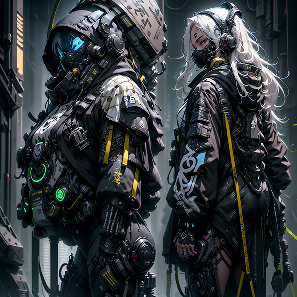 girl alone, White hair, long hair, straight hair, dark blue eyes, dressed, technical jacket, thighs shown, split, , big ass, thick muscular coxa, (((girl in a technological mask and technological accessories))), white high top sneakers, background with cool colors of neon and black, whole body,