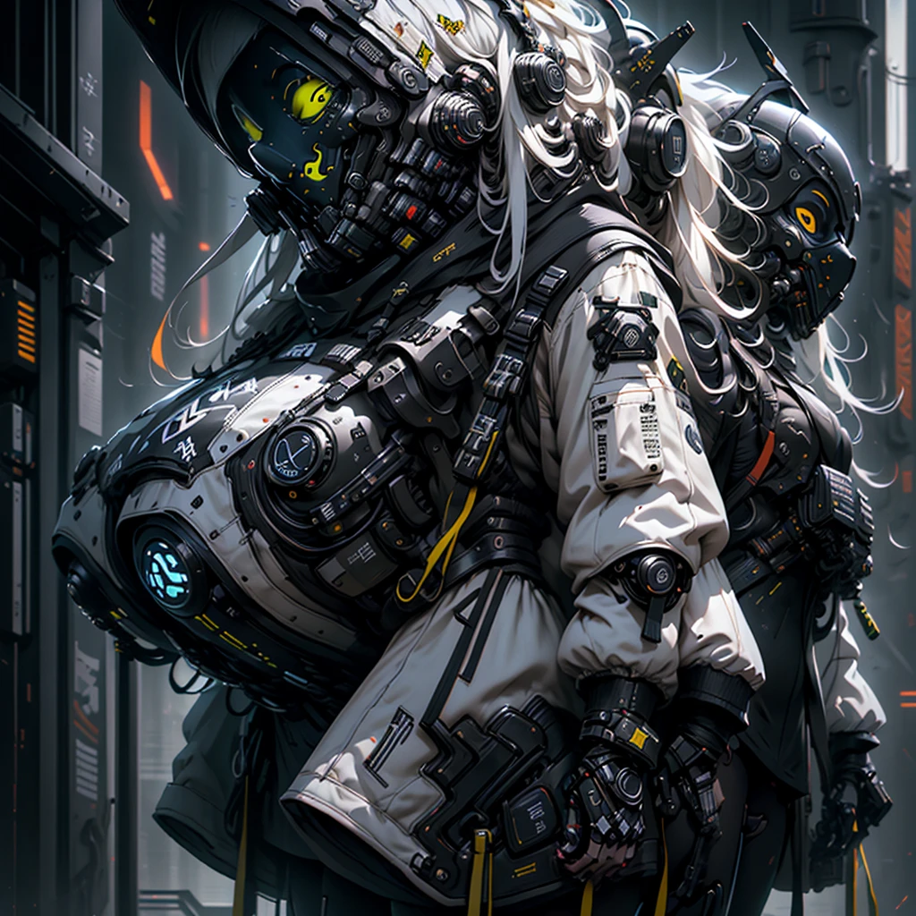 girl alone, White hair, long hair, straight hair, dark blue eyes, dressed, technical jacket, thighs shown, split, , big ass, thick muscular coxa, (((girl in a technological mask and technological accessories))), white high top sneakers, background with cool colors of neon and black, whole body,