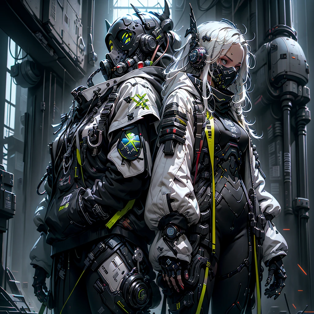 girl alone, White hair, long hair, straight hair, dark blue eyes, dressed, technical jacket, thighs shown, split, , big ass, thick muscular coxa, (((girl in a technological mask and technological accessories))), white high top sneakers, background with cool colors of neon and black, whole body,