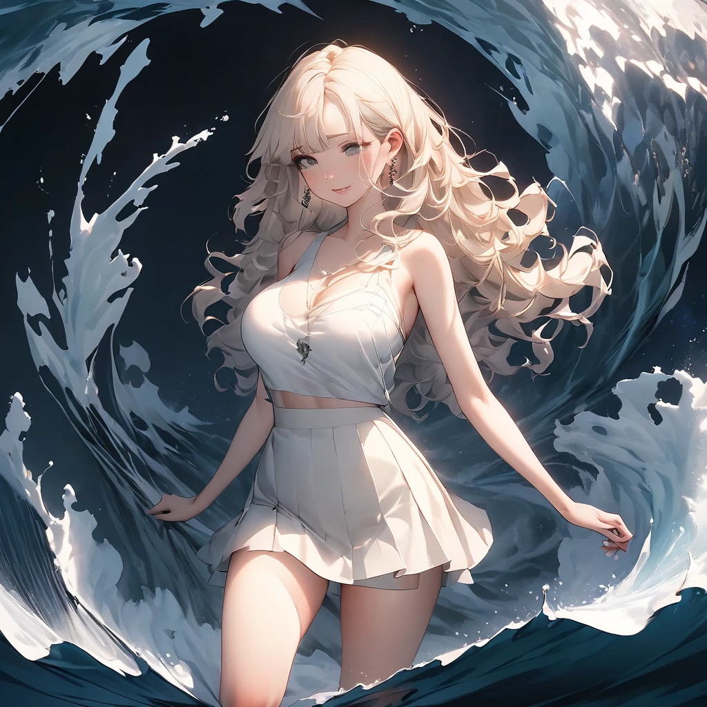 Alice crying in the deep sea, Short skirt, Highest quality, Ultra-high resolution, 32K, Surreal, Very detailed, Detailed Description, Pale skin, 20-year-old, Natural Lip, Big Breasts, Earrings, Short Medium Hair, Wavy Hair, Full Body Shot,