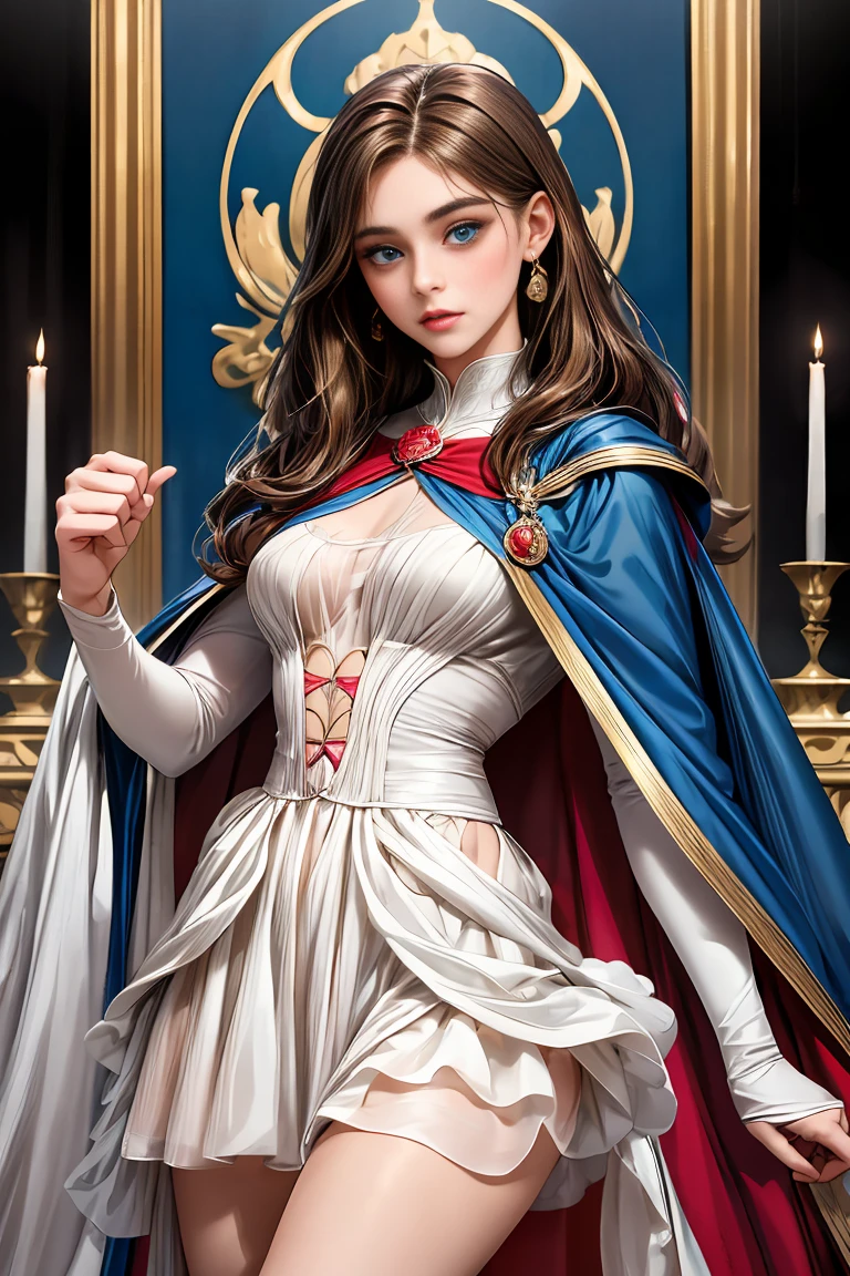 
masterpiece, 最high quality, high quality, 1 girl, alone, Female focus, Watching the audience,  Messy brown hair, Adorable big blue eyes, White people, Noble, Noble,Sexy voluminous cape、vampire、A very voluminous, large, very large, very large, long, long red and black cape with a high stand-up collar, made of a lot of fabric that reaches down to the floor., 23 years old,Cute beautiful girls,Cute, cute, kind, pretty girl