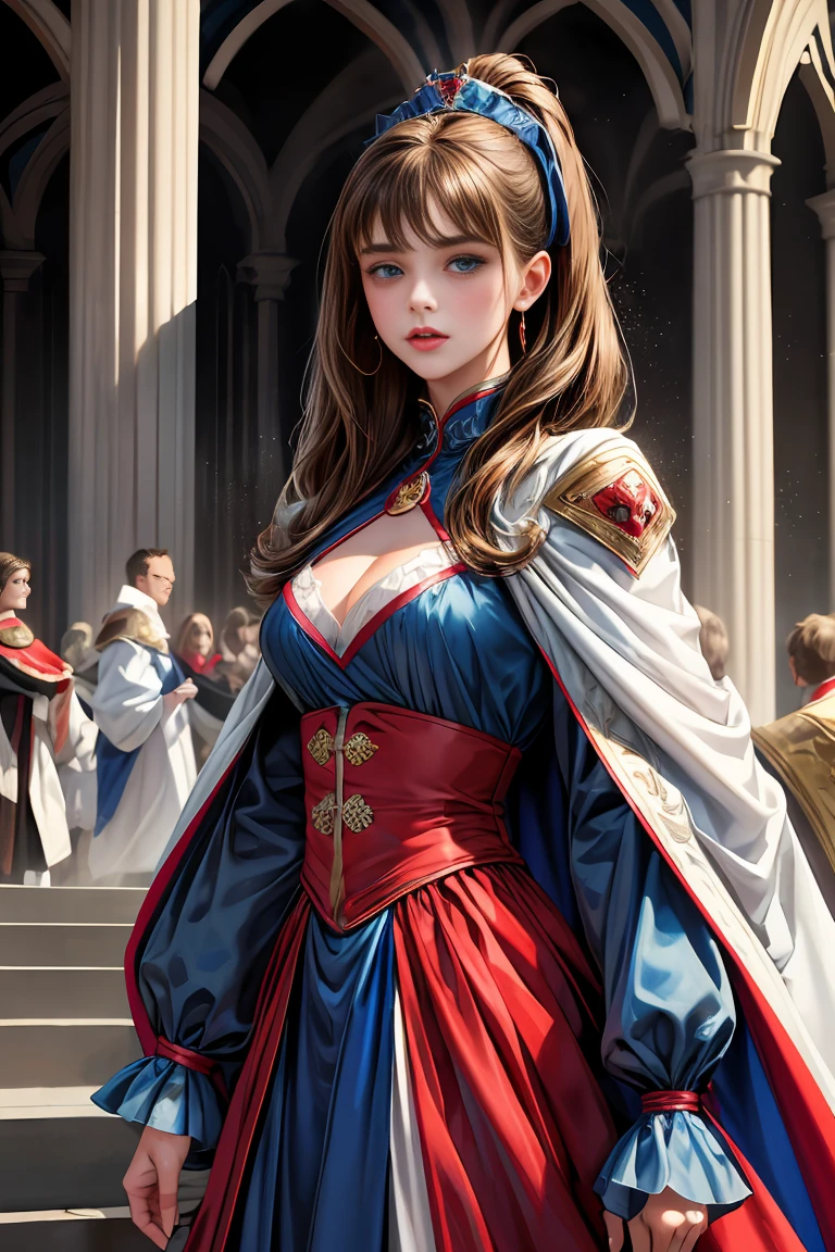 masterpiece, 最high quality, high quality, 1 girl, alone, Female focus, Watching the audience, Messy brown hair, Adorable big blue eyes, White people, Noble, Noble,Sexy voluminous cape、vampire、A very voluminous, large, very large, very large, long, long red and black cape with a high stand-up collar, made of a lot of fabric that reaches down to the floor., 23 years old,Cute beautiful girls,Cute, cute, kind, pretty girl