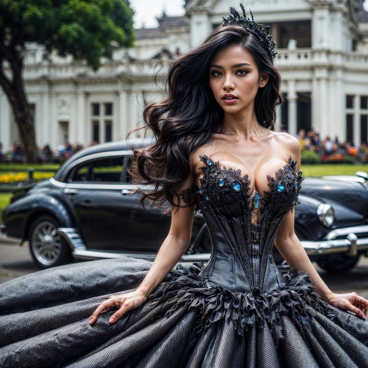 (Ultra HDR) (cinematic effect) Photo of an asian woman with long hair flowing in the wind, wearing a black batik patterned costume, a V-cut strapless corset style batik dress made of carbon patterned satin, a very narrow and stiff V-cut waist decorated with blue jewels, a luxurious long skirt, looks beautiful and stunning, very realistic and detailed, with a royal palace in the background, sitting on a swing, behind it is a black classic car. hyper realistic, hyper detail clothing, Detailed gemstones, masterpiece, best quality:1.2),,(8k,highres,RAW photo,realistic,photo-realistic:1.3),(detailed skin texture,detailed cloth texture, beautiful detailed face:1.25),professional lighting,photon mapping,beautiful soft light,radiosity,physically-based rendering,raytracing, model shoot style, model shoot style, (extremely detailed CG unity 8k wallpaper), full shot body photo of the most beautiful artwork in the world (NSFW), (Nude), (Naked), (pussy) (small pussy) (tight pussy) (carbon fiber corset) (veiny breast) (steampunk corset)