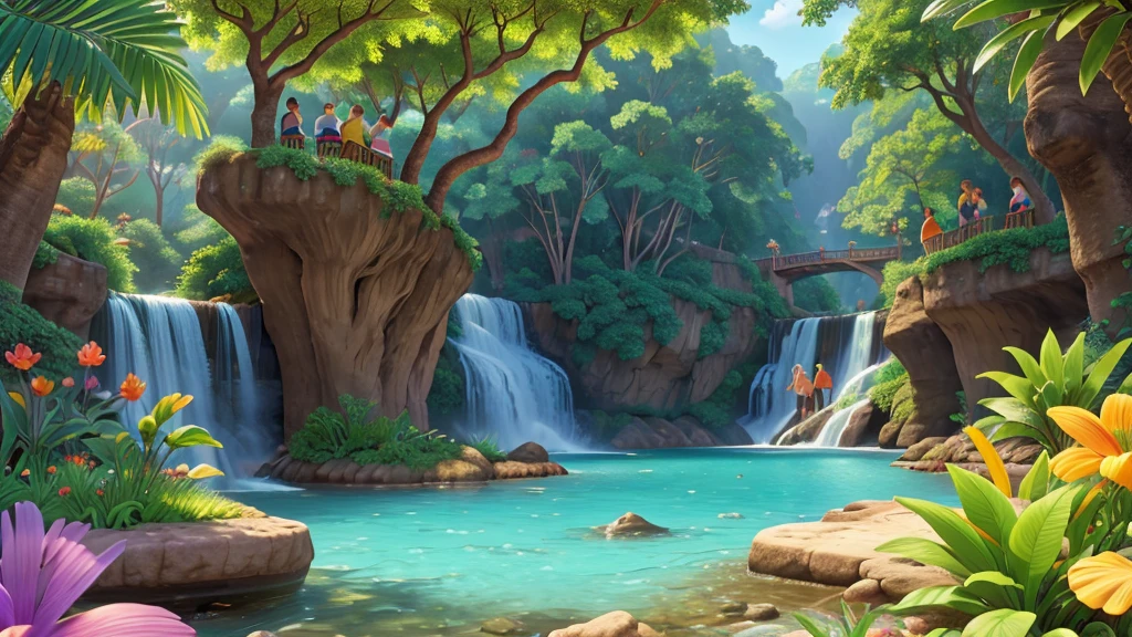 group of young people meeting in the middle of an osais next to a waterfall, en una selva tropical ilustrativo de Disney, (Best Quality, 4k, 8k,High resolution,masterpiece:1.2) colors, Elements, magic, colors, Sun rays, gentle breeze. Gran composición con gran detalle y colors, Retailer, cheered up, Disney. frutas exóticas de muchos colors, colors vibrantes, colors vivos, magical forest, muchos colors detalles en cara, details in bodies, view from afar, side view, waterfall and river with crystal clear waters
