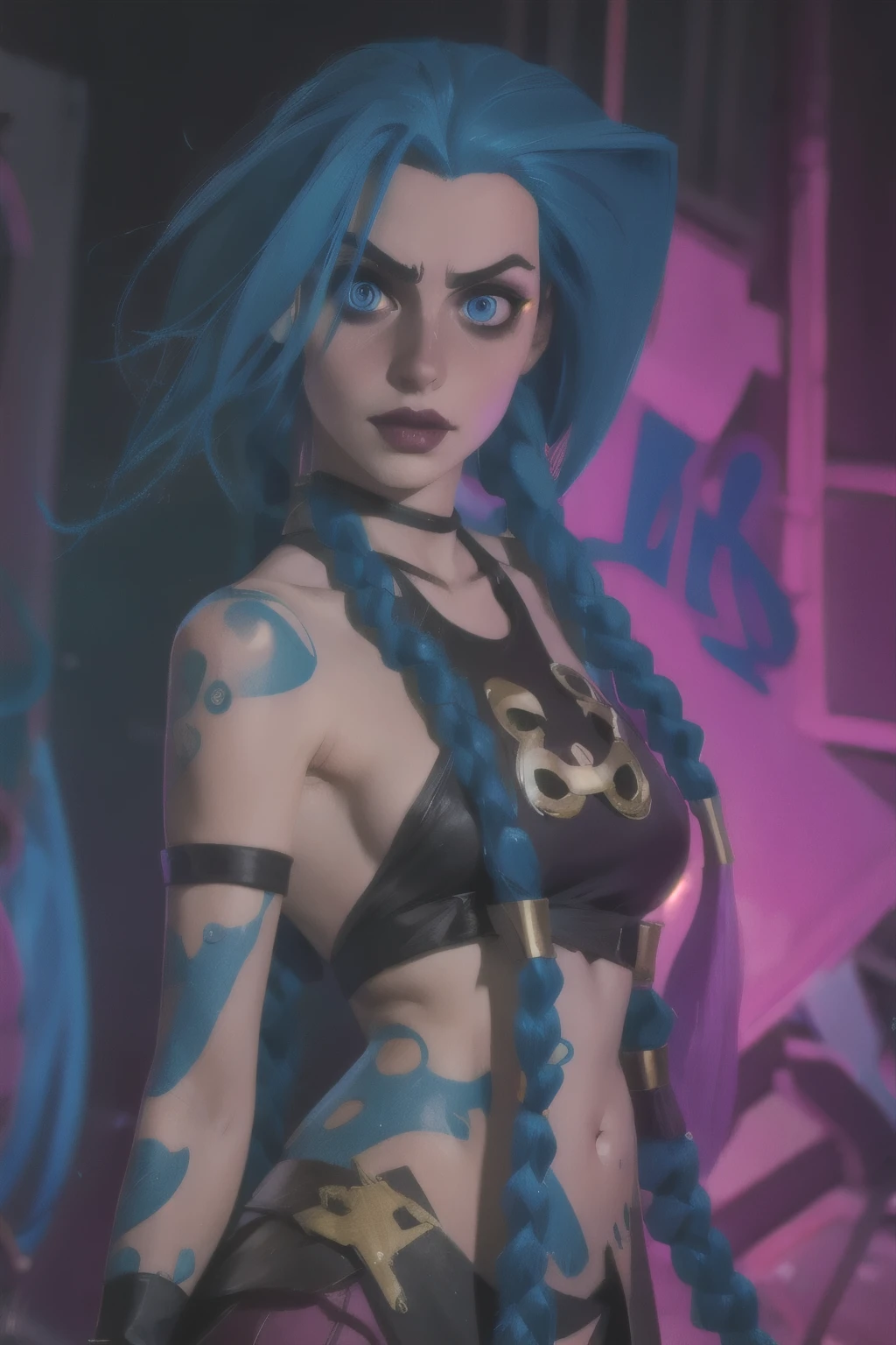 Cosplay hyperrealisti super detalhado de Jinx,  very detailled, (hyperrealisti: 1.4), in dynamic pose, brave face, twin braids, long hair, hair blue, Eyes red , wearing a Jinx costume, arcane style. (( Cinematic graffiti background)). 