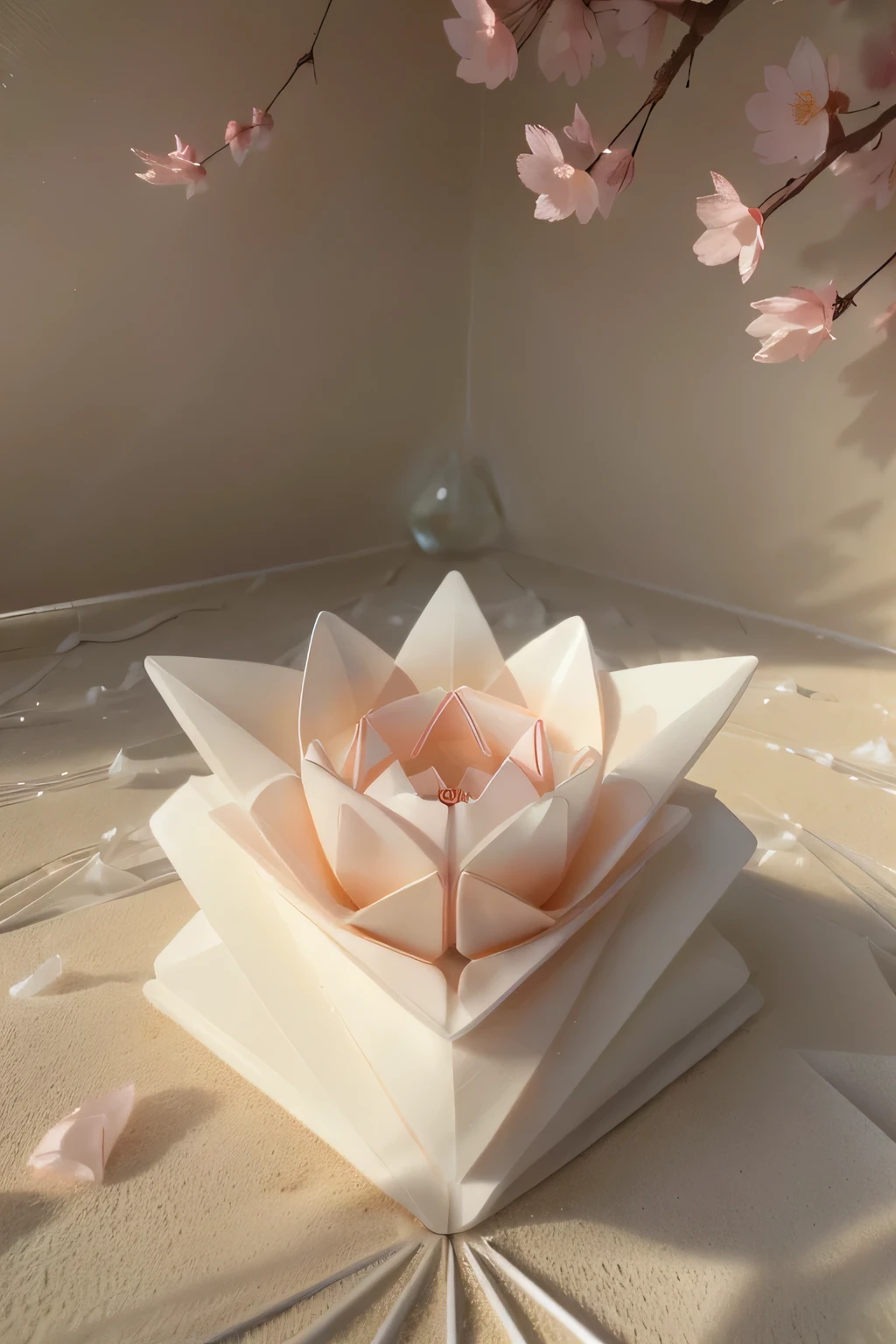 theme: ((Crystal Origami Sculpture)), ((Complex folds)), ((Mesmerizing clarity))
viewing angle: ((Top-down view from above)), ((Soft, diffused light))
Major features: ((Visually captivating)), ((Delicate elegance)), ((Harmony of forms))
Inspiration/style: ((Supernatural Minimalism)), ((Soft pastels)), ((Subtle reflection))
シーン内のLocation: ((Suspended from invisible wires))
background/Location: ((Sand-filled Zen garden)), ((Breeze))
Scene Composition: ((Origami sculpture among falling cherry blossoms)), ((Serene atmosphere))
Lighting: ((Soft natural light)), ((Subtle highlight in the crease)), ((Gentle shadows))
Post-processing: ((Subdued color grading)), ((The softness has increased)), ((6k resolution))
reference/Artist: ((Jun Mitani)), ((Simon Schubert)), ((Joel Cooper))