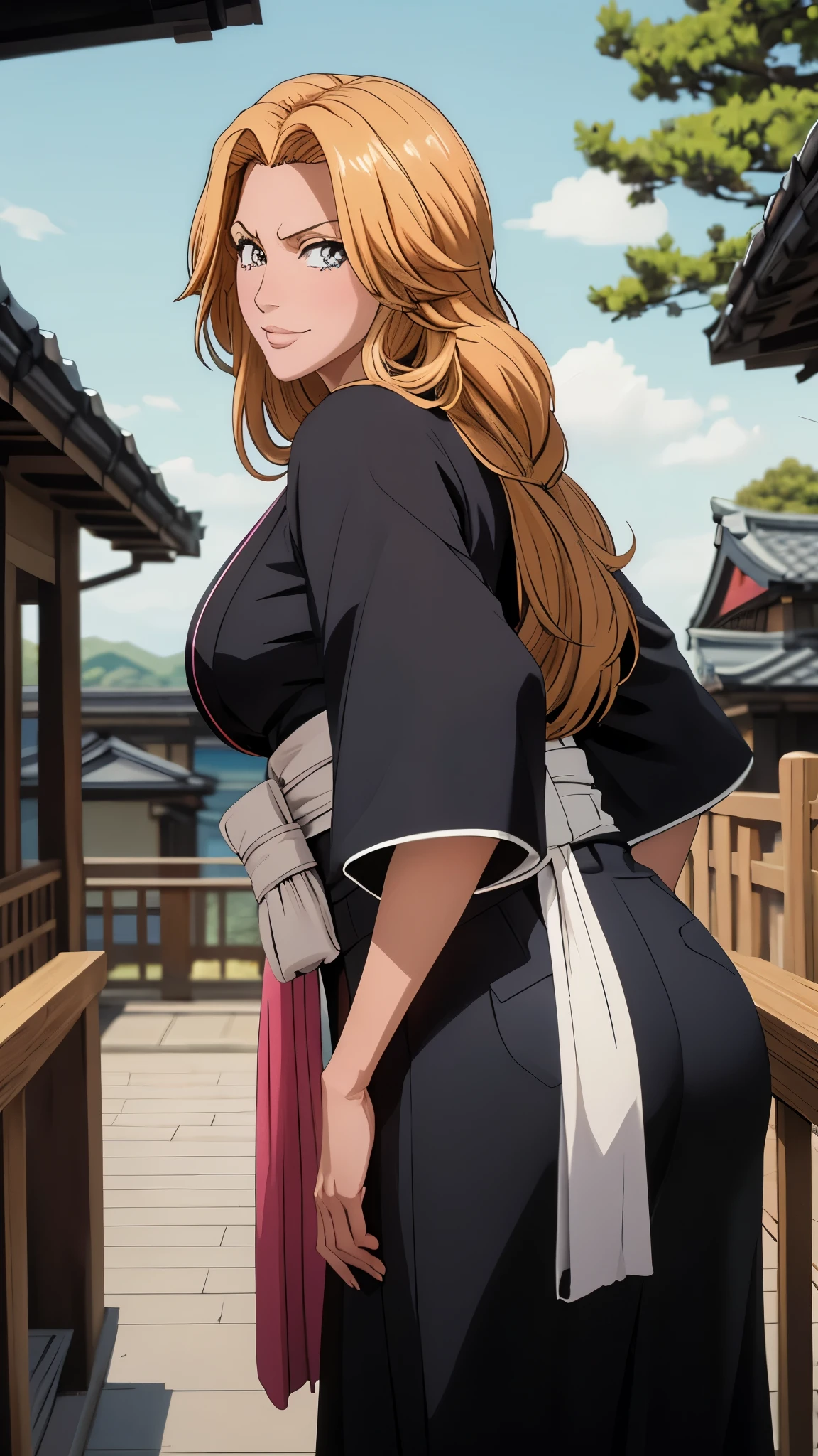 work of art, best qualityer, matsumoto rangiku, long hair, black kimono, neckleace, range, breasts big, looking ahead at viewer, furled brow, ssmile, japanese architecture, close up, trunk, shining skin, arms at side, ass pov