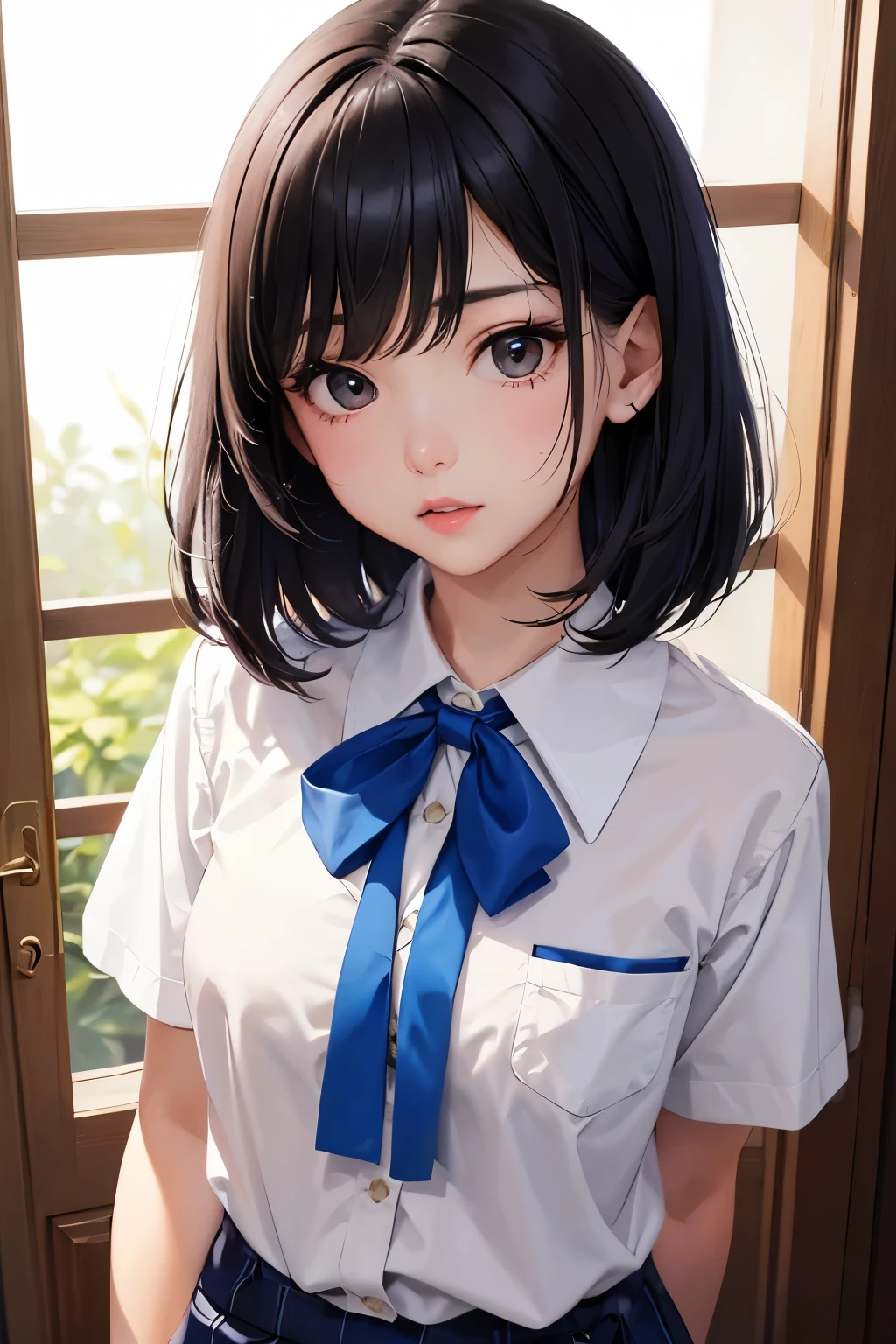 White short sleeve button shirt、Blue ribbon