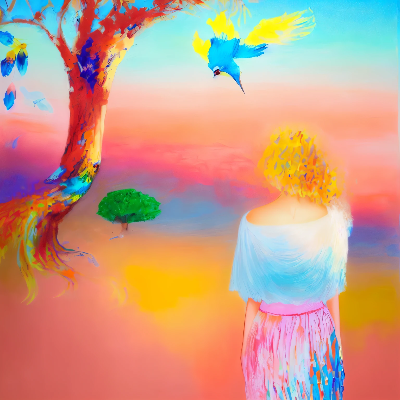 painting of a woman standing in front of a tree with a bird flying overhead, the desert is in color pencil, pastel art, colored drawing, color drawing, pastel artwork, by Nándor Katona, pastel style painting, by Zsuzsa Máthé, by Dóra Keresztes, colored pencil on paper, pastel painting, colourful drawing