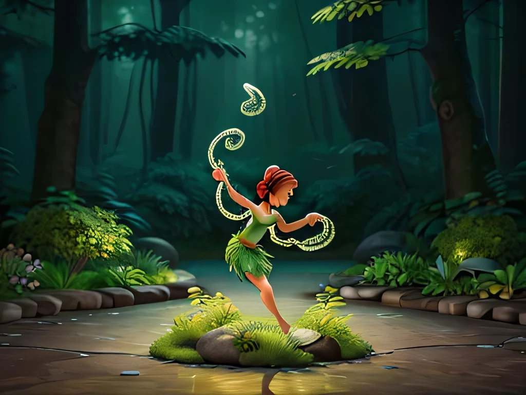 a whimsical miniature figure, crafted from a vibrant medley of green leaves, assumes a lively dancing pose atop a worn, earthy pot, surrounded by a lush forest scene awash in the soft, misty glow of rain-kissed greens and blues, evoking a sense of mythical wonder and serenity, with delicate, intricate leaf veins resembling delicate brushstrokes, as tendrils of foliage swirl around the figure, blurring the lines between dancer and environment, against a backdrop of gentle, glistening raindrops.