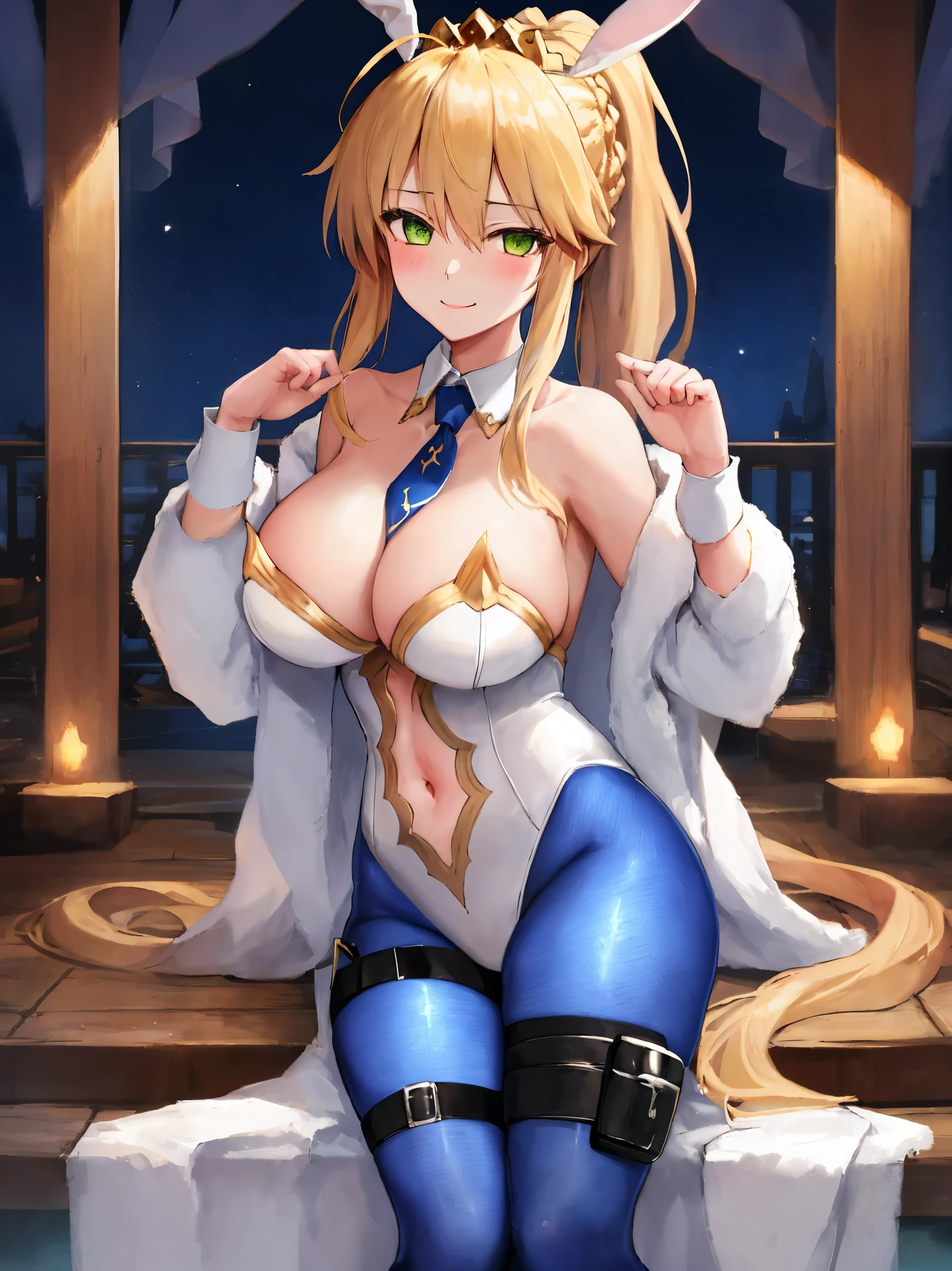masterpiece, best quality, absurdres, soft lighting, looking at viewer, solo, light_smile, shy,
1girl, ahoge, rabbit ears, playboy bunny, artoria pendragon \(swimsuit ruler\) \(fate\), large breasts , blonde hair, green eyes, french braid, pony tail
bare shoulders, large breasts , cleavage,
clothing cut out, wrist cuffs, detached collar, navel cutout, feather boa,
white leotard, blue necktie, blue pantyhose, single thigh strap, hands_on_head,put_hands_up,
squat,gorgeous_fountain_landscape_background,solo,rabbit_posing,large_thighs,Extend_fingers,palm,open_legs,.solo
